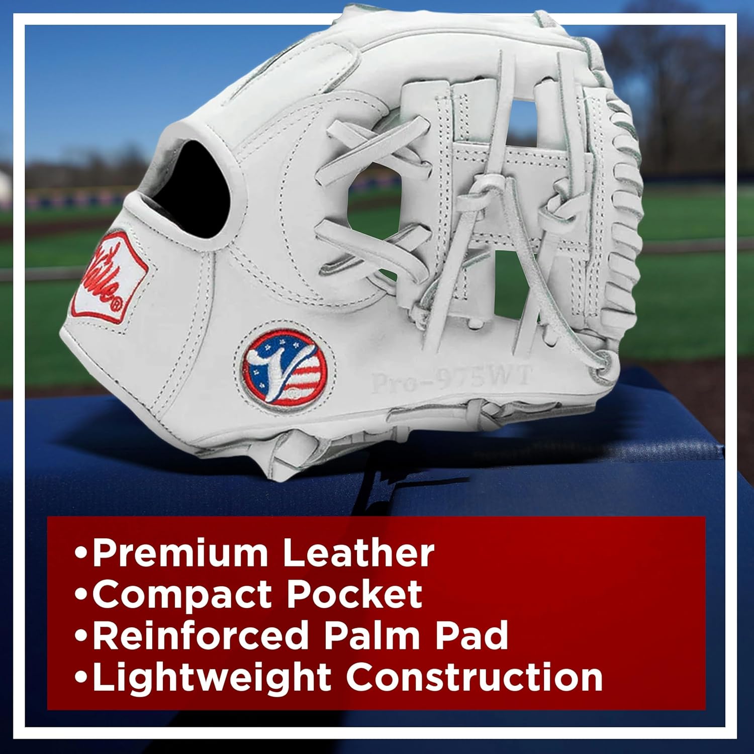 Valle Pro 975WT Kip Leather Weighted Infield Baseball and Softball Training Glove I Web - Sure Catch, Fielding Practice & Training Equipment, Right Hand Throw - White, 9.75"