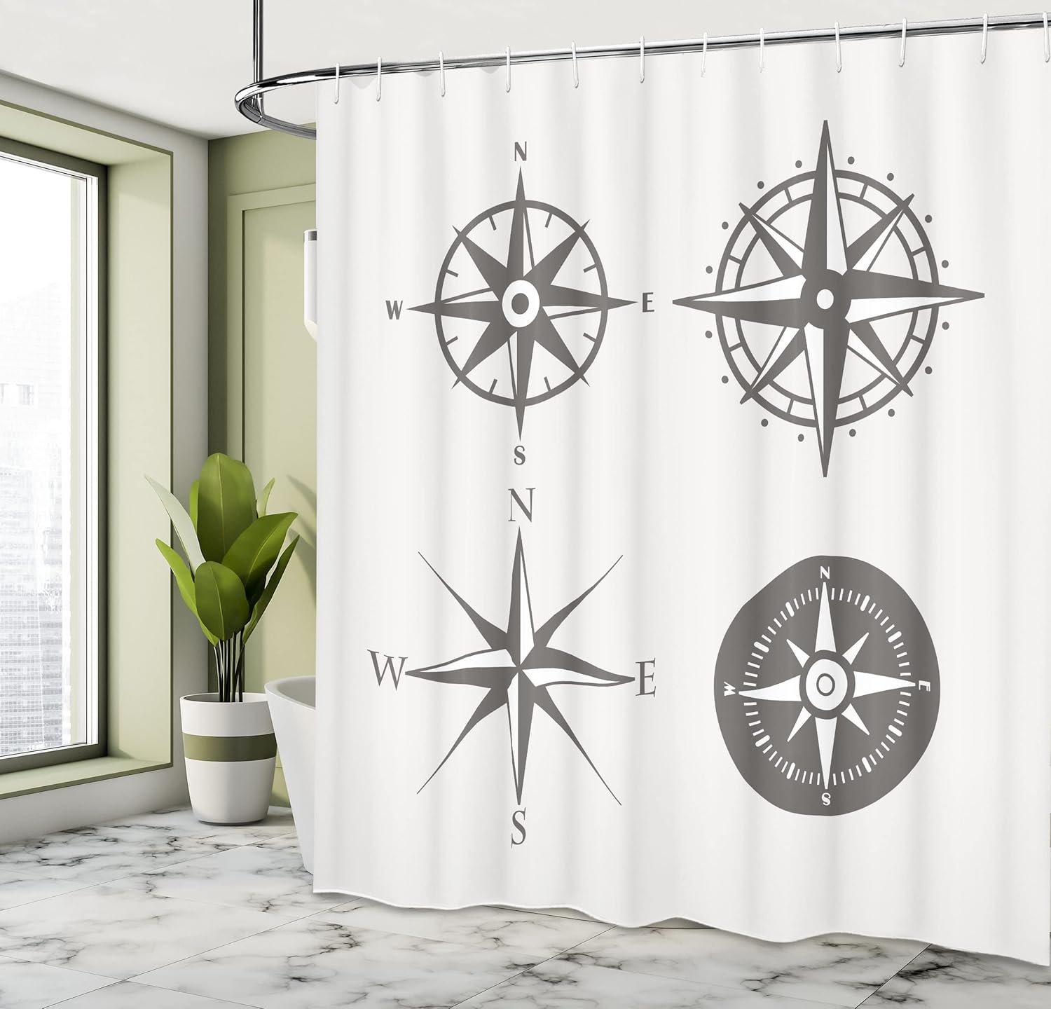 Ambesonne Compass Shower Curtain, Various Wind Rose Retro Style Design Group Geographic Direction Silhouette Art Print, Cloth Fabric Bathroom Decor Set with Hooks, 69" W x 70" L, Grey White