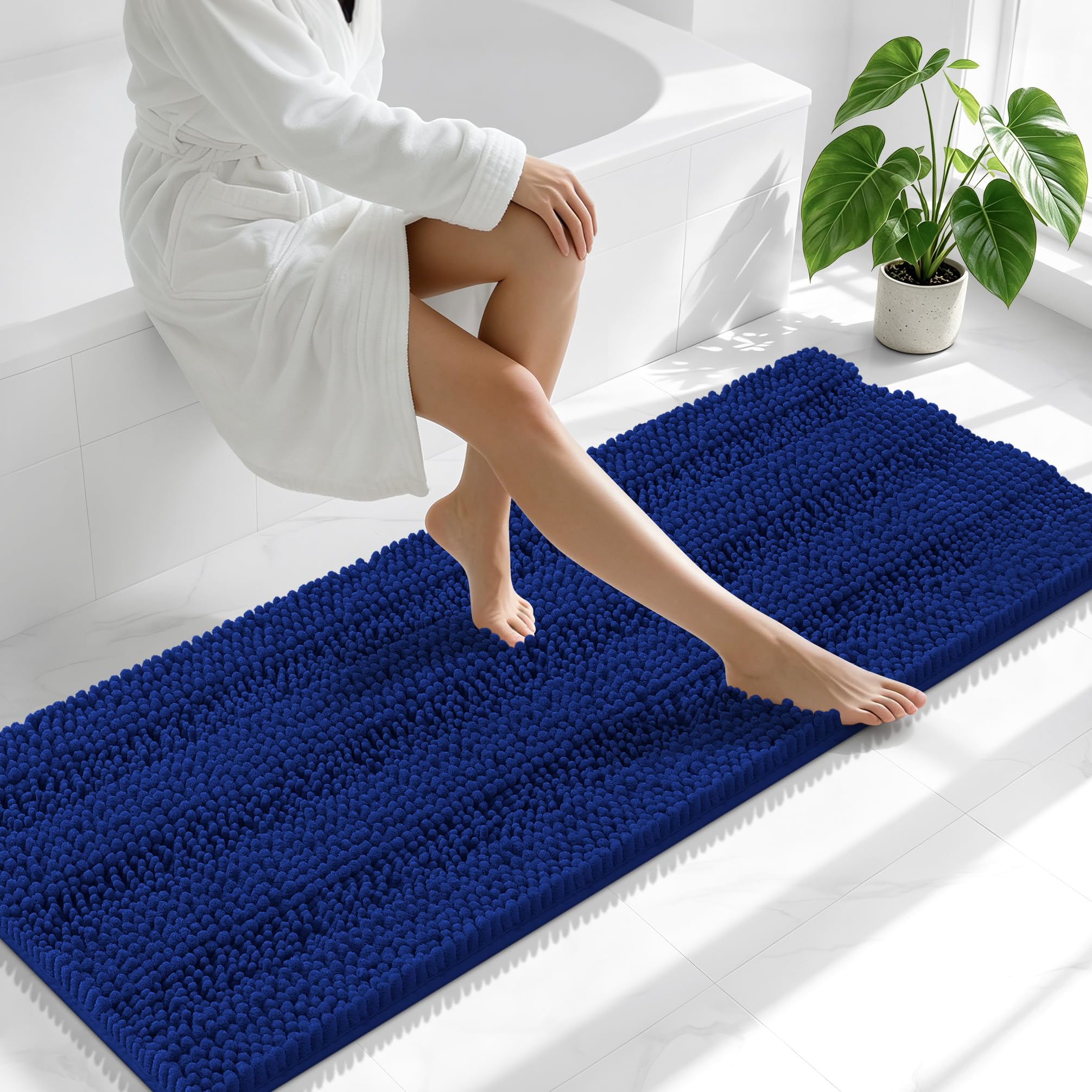 Smiry Thick Chenille Bathroom Runner Rugs 59x20, Absorbent Bath Mat, Navy