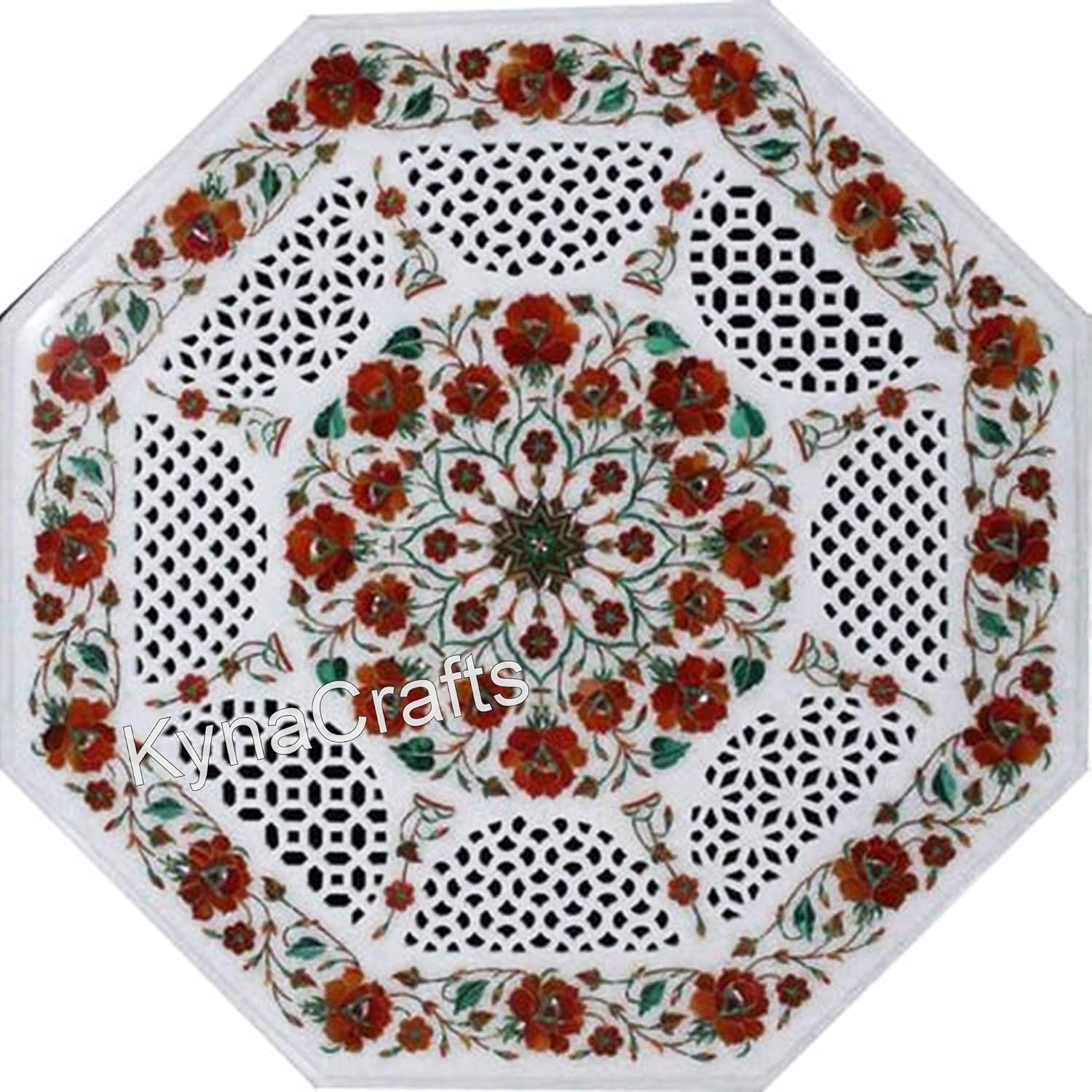 Filigree Work Outdoor Table for Bar and Restaurant Decor Octagonal Shape White Marble Coffee Table Top 27 x 27 Inches