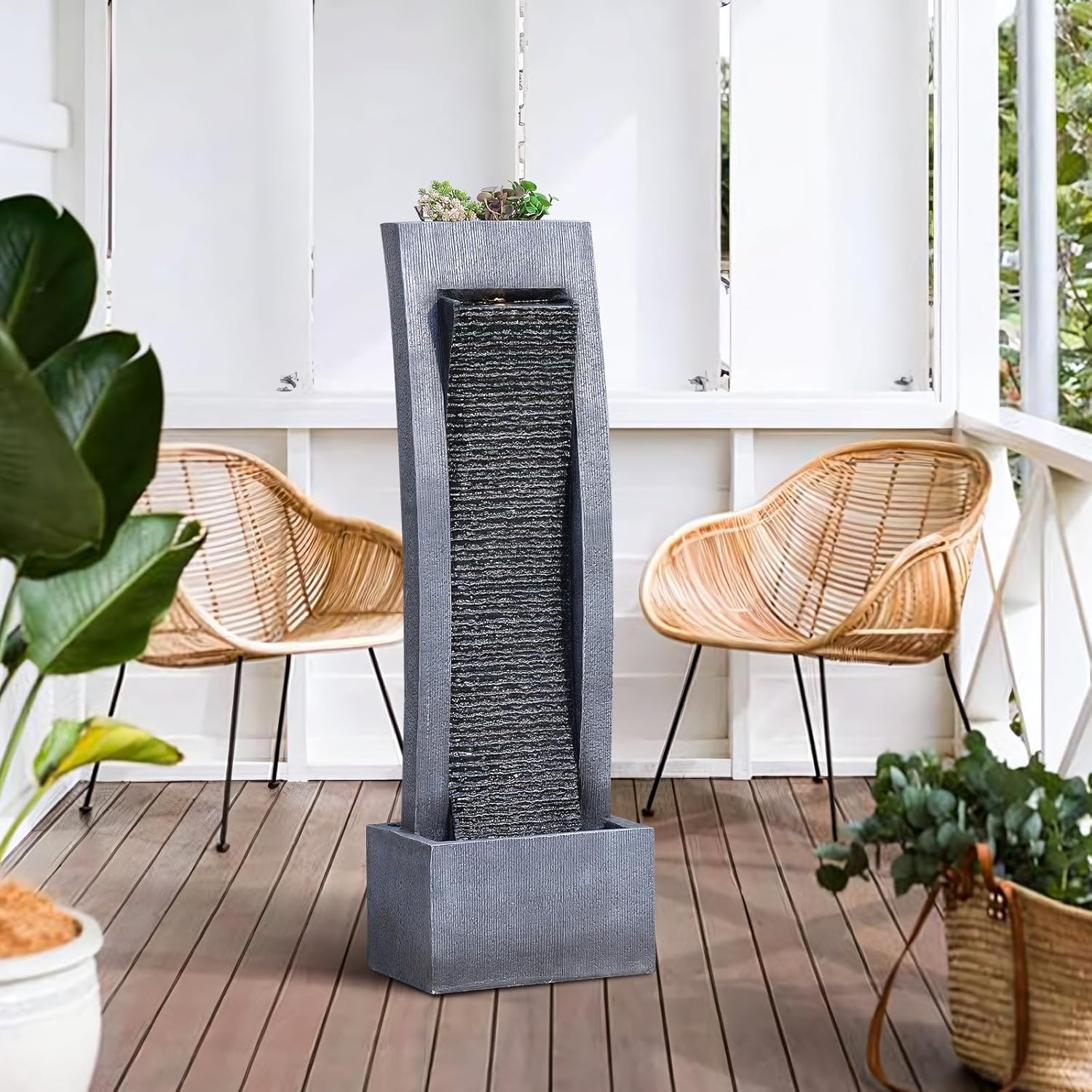 Water Fountain Outdoor Freestanding Fountains Indoor Waterfall Floor Standing Water Fountains for Garden, Patio, 49.2 Inches Tall with LED Lights, Pump, Natural Stones