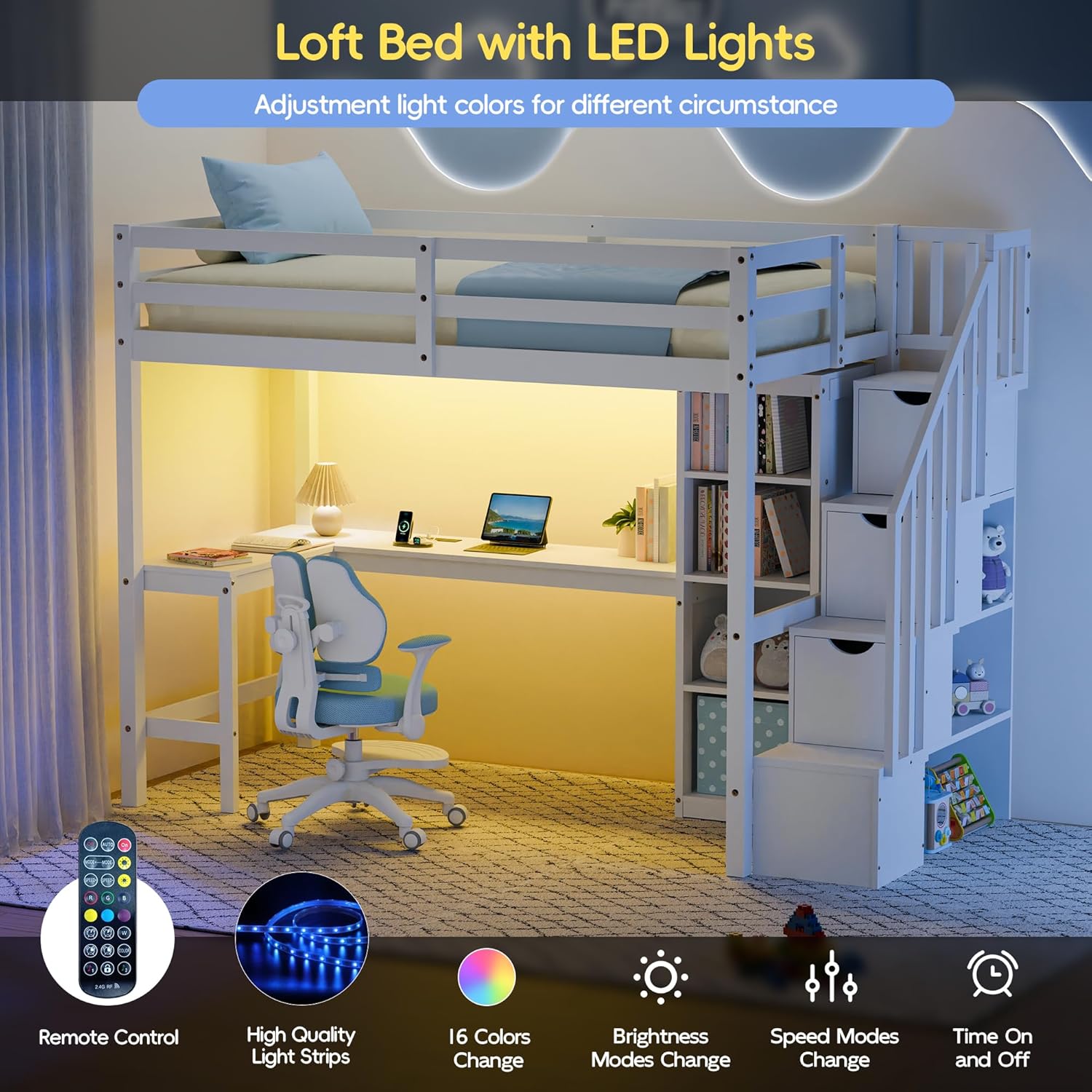 Xilingol Twin Loft Bed with Stairs and Desk, Solid Wooden Loft Bed, Heavy Duty Loft Bed with L-Shape Desk, LED Light Strips, Charging Station, Storage Cabinets, Extra-High Guardrails for Kids, Teens