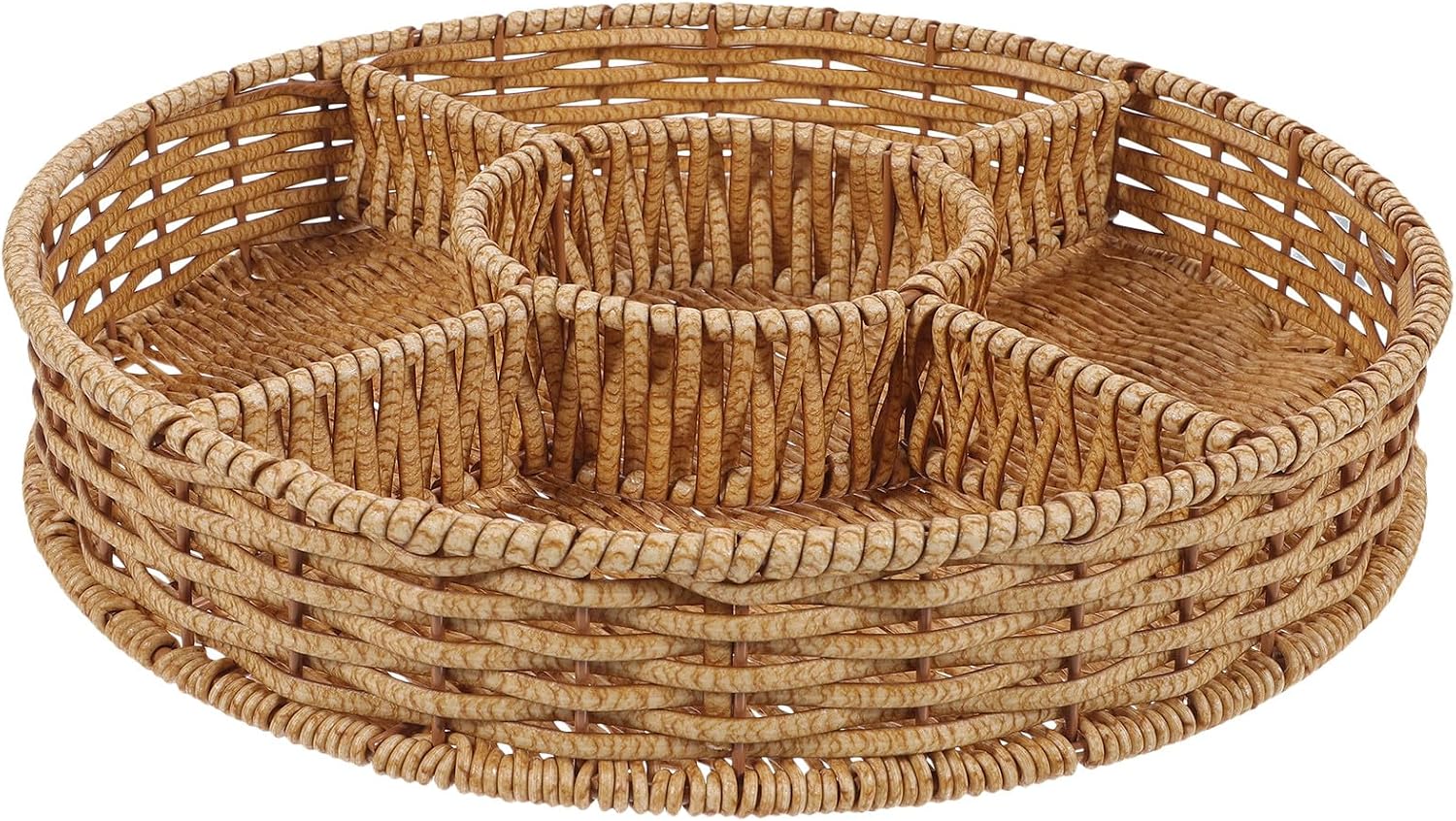 Woven Fruit Basket Divided Serving Tray, Rattan Style Food Holder with Compartments, Lightweight Outdoor Picnic Snack and Candy Plate for Home Storage and Tabletop Use