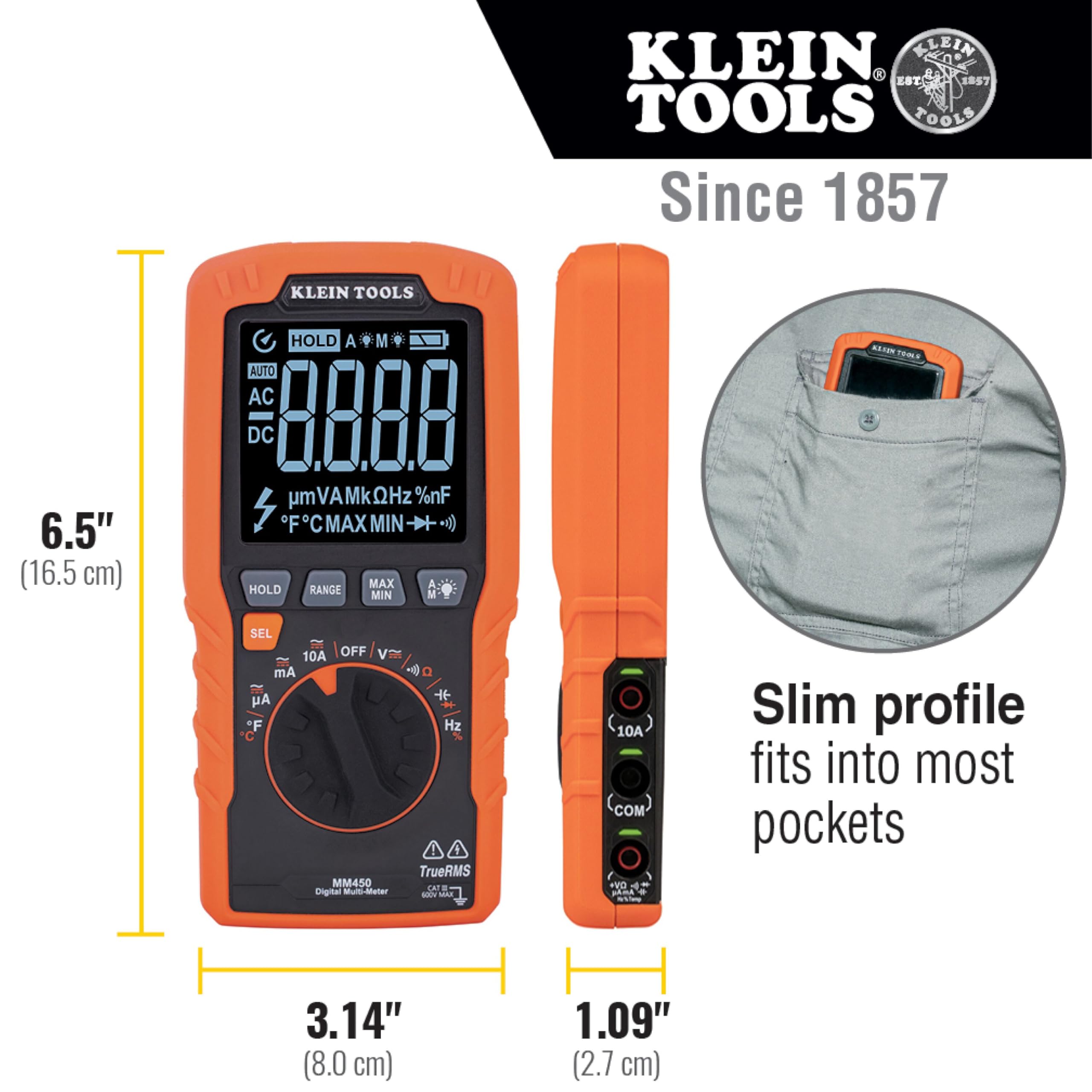 Klein Tools Multímetro MM450, medidor digital delgado, TRMS de rango automático, voltaje CA/CC de 600 V, corriente, resistencia, temperatura, frecuencia, continuidad, naranja