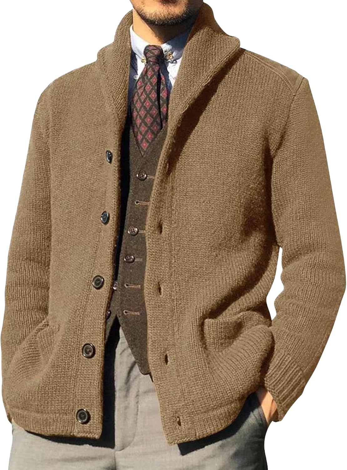 Men Button Down Casual Cardigans Shawl Collar Sweater with Pockets Shawl Collar Buttons Knit Cardigan Sweater