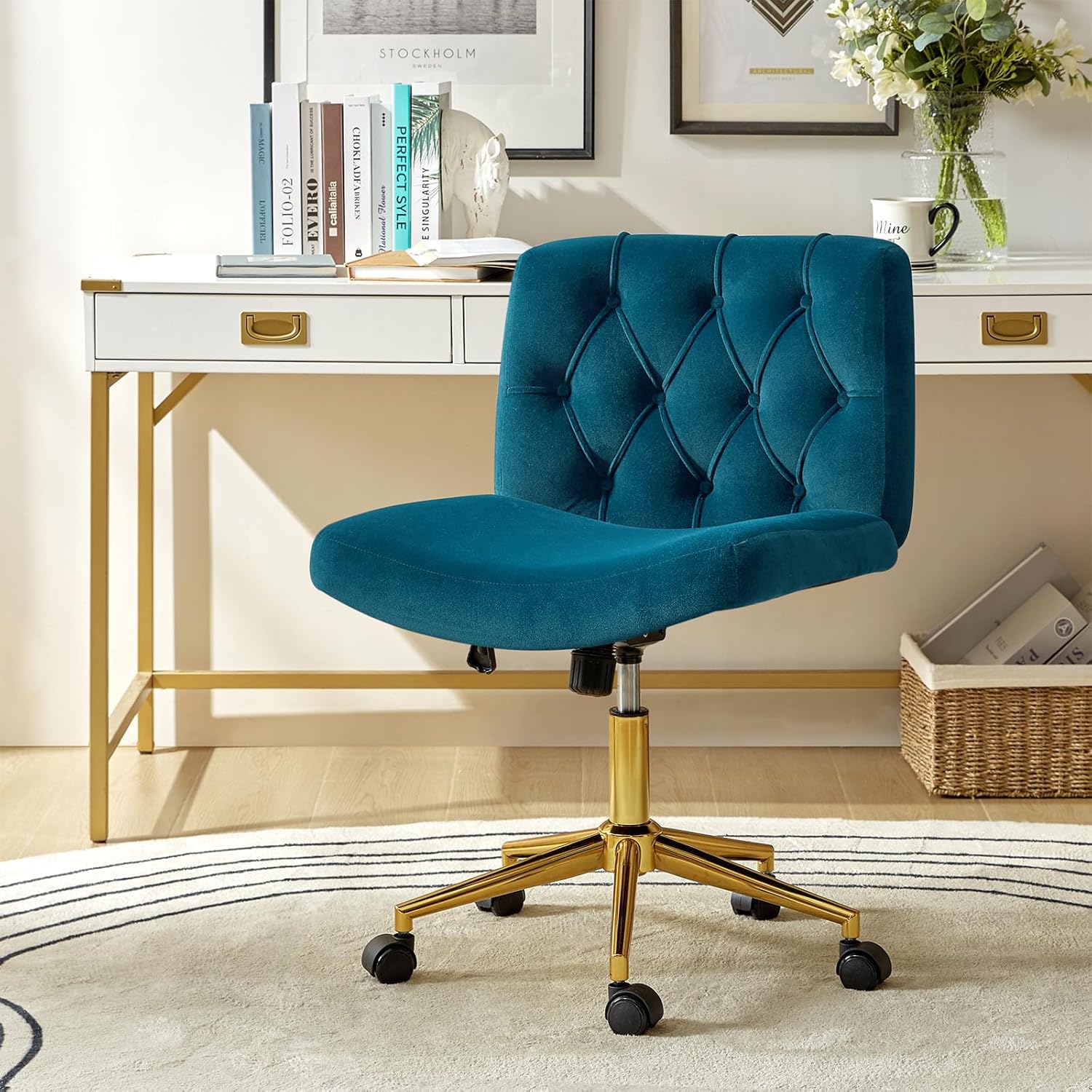 HULALA HOME Criss Cross Chair with Wheels, Criss Cross Legged Wide Seat Desk Chair, Lumbar Pillow, Teal