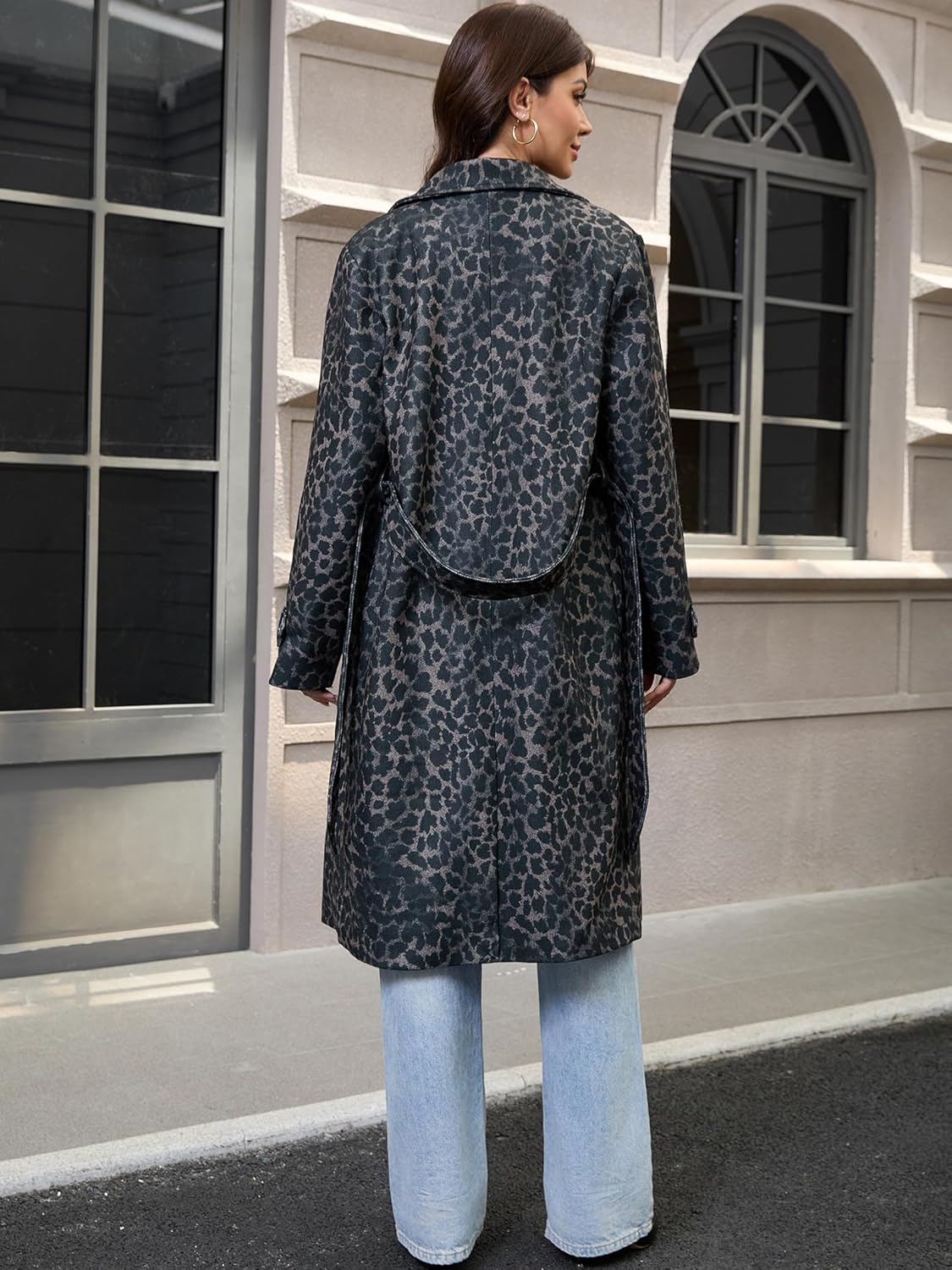 Women's Warm Long Winter Wool Blend Coats Double-Breasted Peacoat with Belt Outwear Trench Overcoat(Leopard, XL) - Image 5