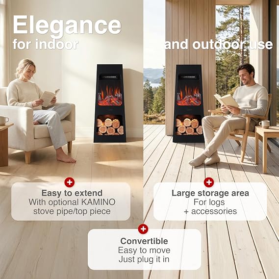 KAMINIO Electric Garden Fireplace KAI - Electrical freestanding patio Stove with Heater, 3D Flame Effect, LED Mood Light, Wood Storage Compartment, Remote Control - Black (Large)