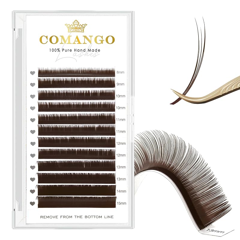 Extensões de cílios CoMango Camellia marrom-escuro, fios mistos de 8 a 15 mm, espessura 0,07 mm, curvatura C, modelo C-007-8-15MM