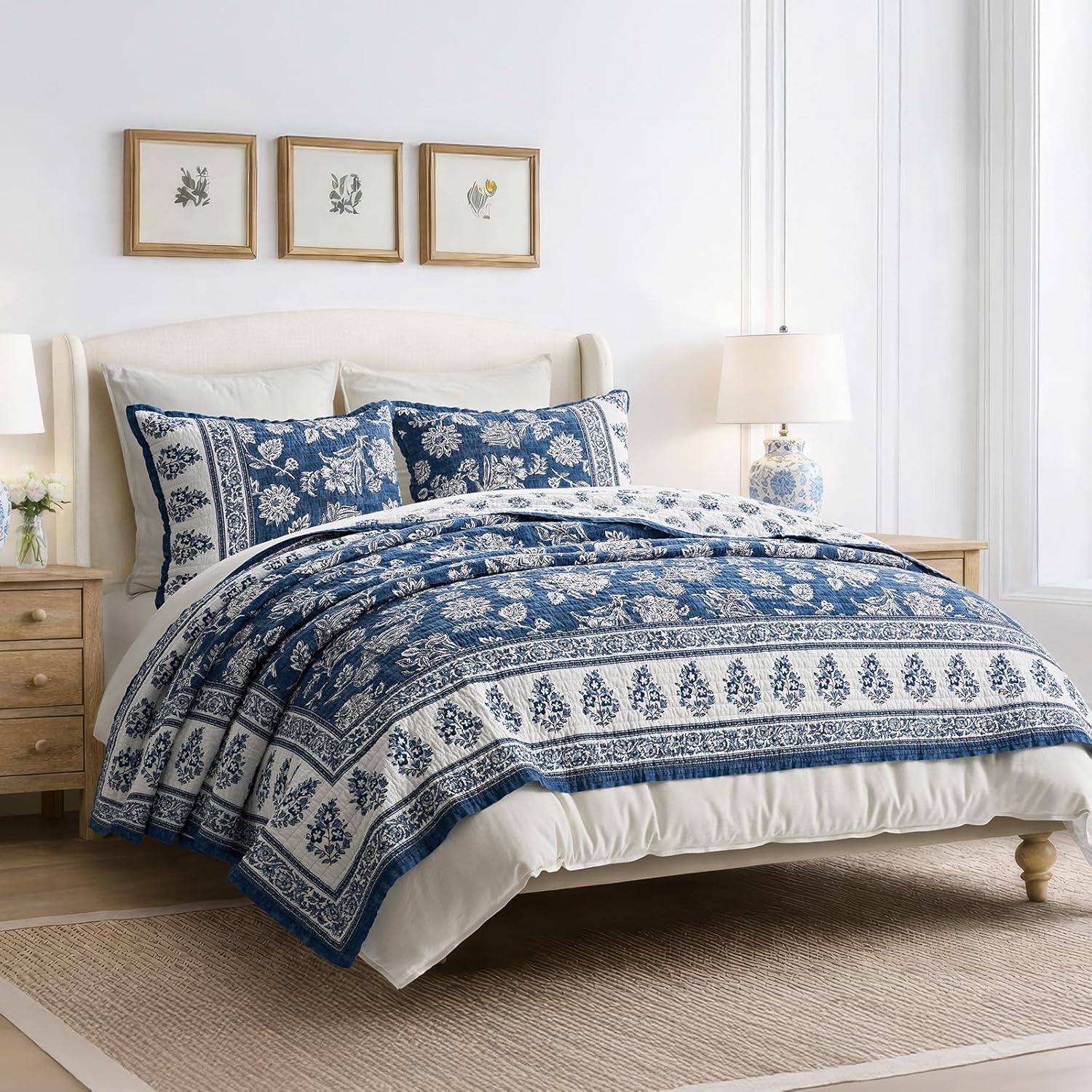 EverGrace Cotton Quilt Set Queen Size, 100% Cotton Reversible Lightweight Bedspread Coverlet, Vintage Floral Farmhouse Bedding, Traditional Block Print Quilt with 2 Pillow Shams, Indigo Blue 92"×96" | Vintage Floral, 100% Cotton, Soft, Oeko-Tex Certified, Oversized, Reversible