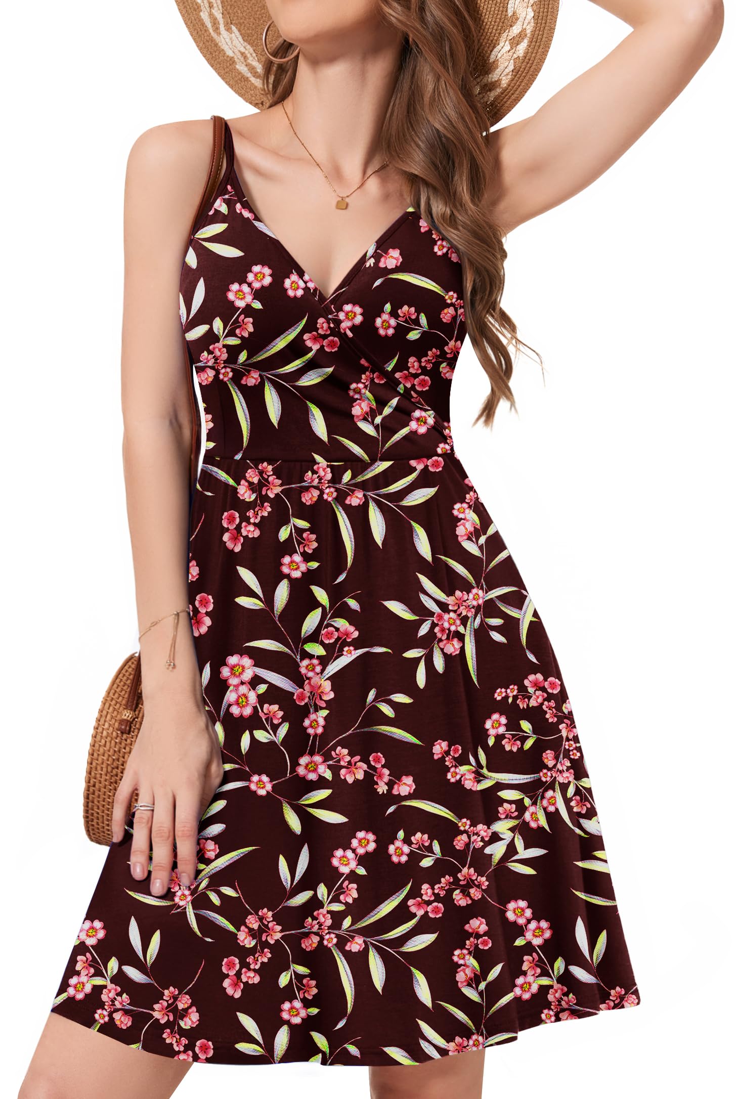 WEACZZY Women's 2026 Summer Dresses V Neck Spaghetti Strap Sundress Casual Beach Flowy Mini Dress with Pockets