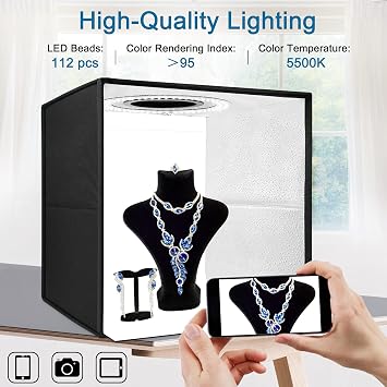 DUCLUS Photo Studio Light Box, 12x12 Professional Photo Booth Box with 6 Photo Backdrop, 112 LED Lights Dimmable & high CRI>95 Lightbox for Mini Product Photography: Jewelry, Miniature Models etc.