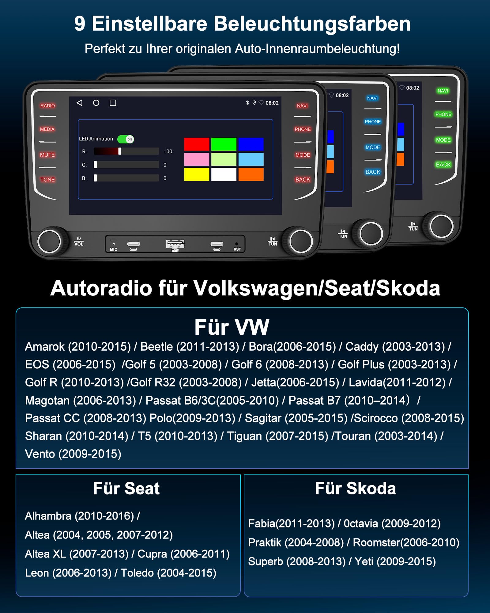 Autoradio mit Bildschirm Bluetooth 2+64GB für VW Golf 5 6 T5 Polo 6R Passat Caddy Seat Skoda, 2DIN 7 Zoll Auto Radio mit Navi DAB WLAN FM/AM, Apple Carplay, Android Auto, Lenkradsteuerung, Android 14
