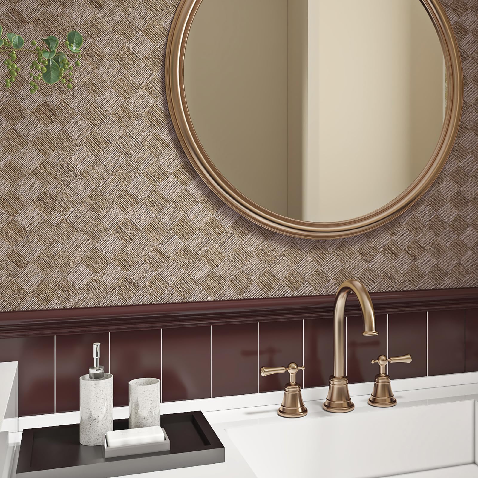 Livelynine Peel and Stick Wallpaper Brown Faux Rattan Weave Look 40CMx10M Stick on Wallpaper Bedroom Living Room Linen Wall Paper Beige Contact Paper for Furniture Sticky Back Plastic Roll Boho Style - Image 4