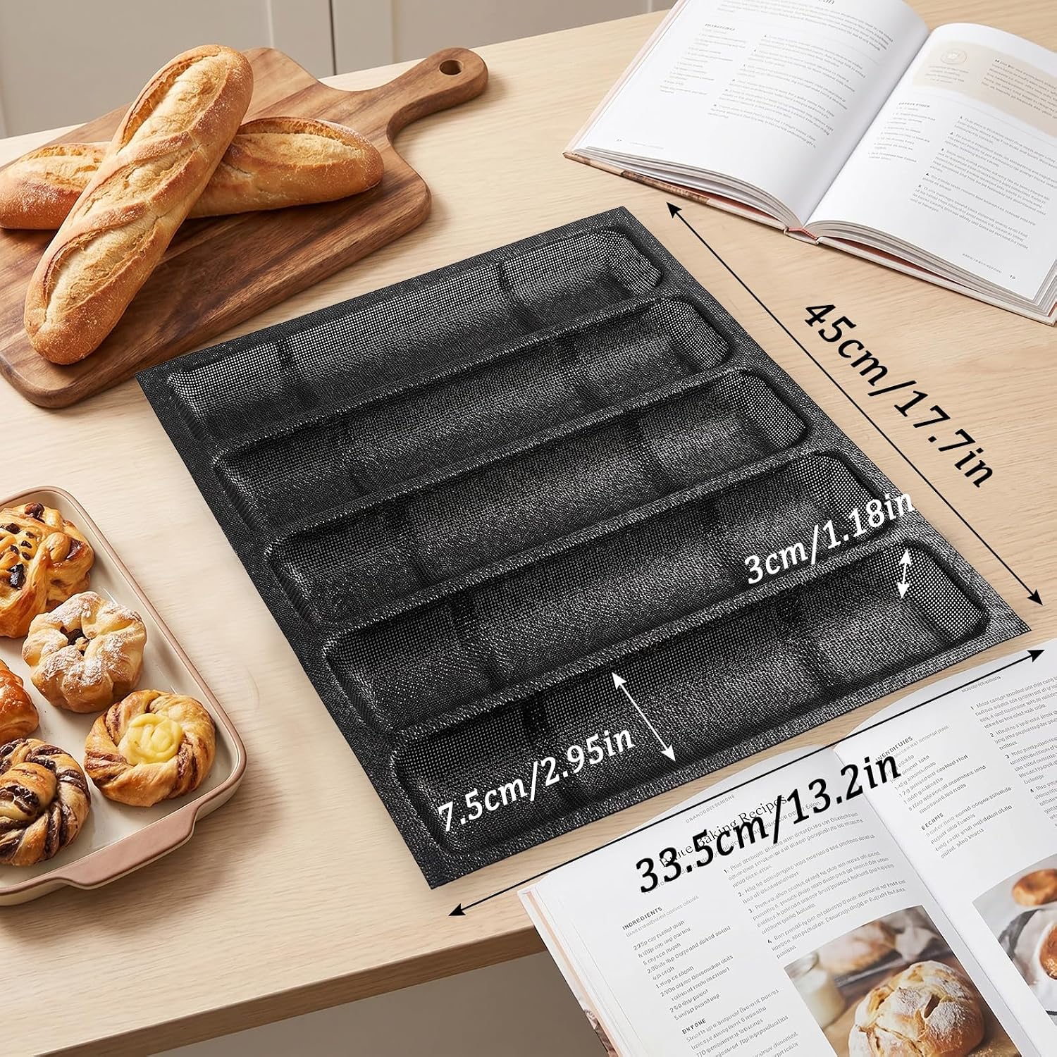 2-Pack Professional Silicone Baking Molds, Large Perforated Baguette Bread Pan for French Bread, Hot Dog Buns & Sub Rolls, Non-Stick Fiberglass Mat, Oven & Dishwasher Safe