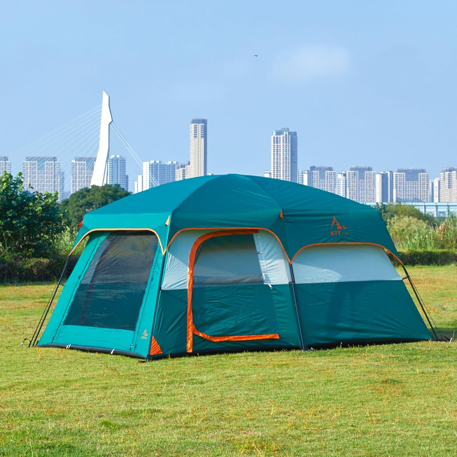 KTT Extra Large Tent 6-10-12-14 Person(A),Family Cabin Tents,2 Rooms,3 Doors and 3 Windows with Mesh,Straight Wall,Waterproof,Double Layer,Big Tent for Outdoor,Picnic,Camping,Family Gathering
