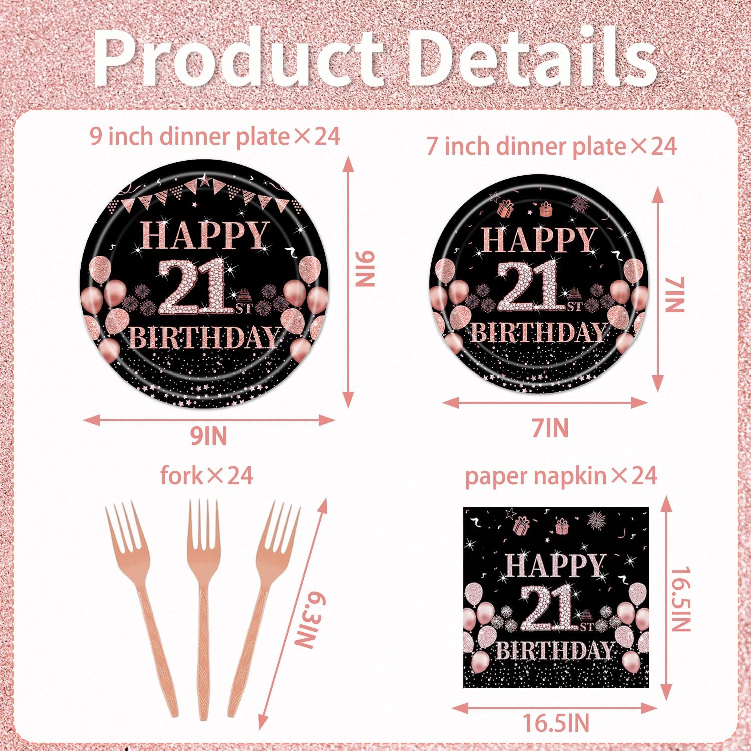 Rakuto 21st Birthday Party Tableware - 96PCS 21st Party Plates Napkins Forks Supplies Rose Gold 21st Birthday Party Supplies Decorations Girls Happy 21st Birthday Party Dinnerware Decor (24 Guests)
