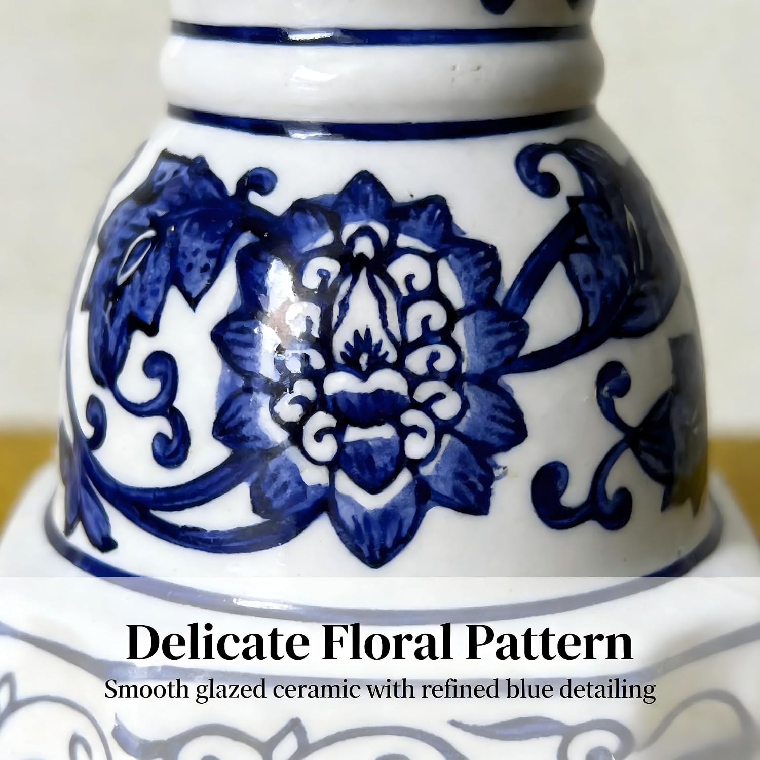 Blue and White Ceramic Candle Holder Riser, Glazed Porcelain Pedestal Stand for Home Decor, Floral Oriental Style Display Base for Pillar Candle, Plant or Tabletop Accents