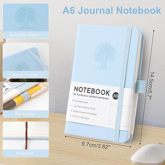 A6 Hardback Notebook Lined, 192 Pages Journal Notebook, with Elastic Closure and Ribbon Bookmark, Pocket Notebooks for Work, Business and Study(Blue)