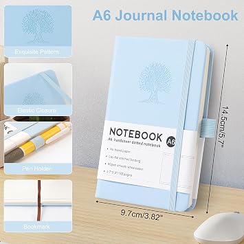 A6 Hardback Notebook Lined, 192 Pages Journal Notebook, with Elastic Closure and Ribbon Bookmark, Pocket Notebooks for Work, Business and Study(Blue)