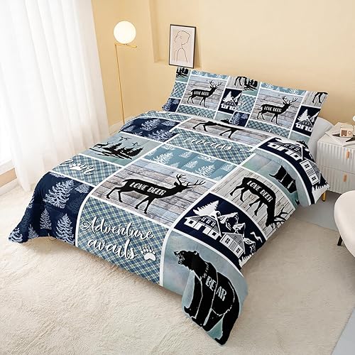 QOOMO Juego de edredón con estampado a cuadros para niños y niñas, adolescentes, decoración de habitación de osos, alces y pinos, juego de ropa de