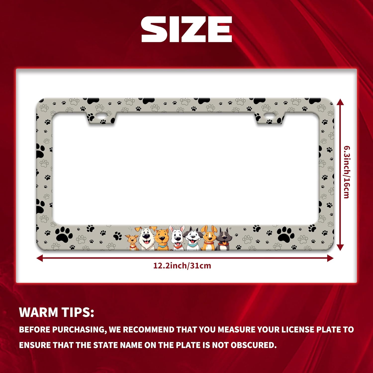 2pcs Personalise Dog License Plate Frame Paw Prints License Plate Frames Car Universal Stainless Steel Accessories Cars Decor with 2 Holes and Screws Fits Standard Us Vehicles Size 12.2 X 6 Inches