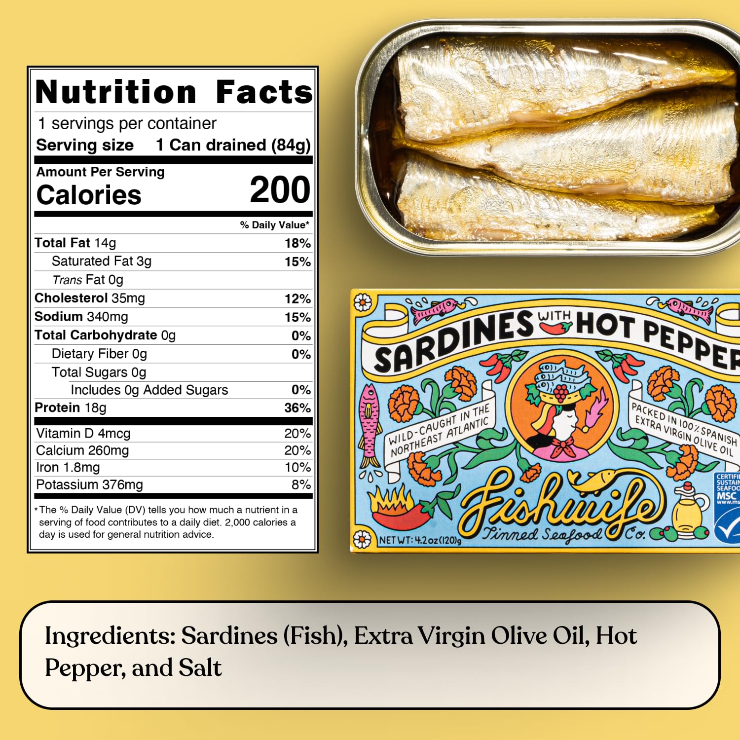 Fishwife Sardine Quad 4-Pack (2x Sardines with Lemon, 2x Sardines with Hot Pepper) | Wild-Caught & Hand-Packed with Spanish Extra Virgin Olive Oil | MSC-Certified Sustainable Seafood, High Protein, Gluten Free, Paleo Friendly, Keto Friendly, Omega-3s