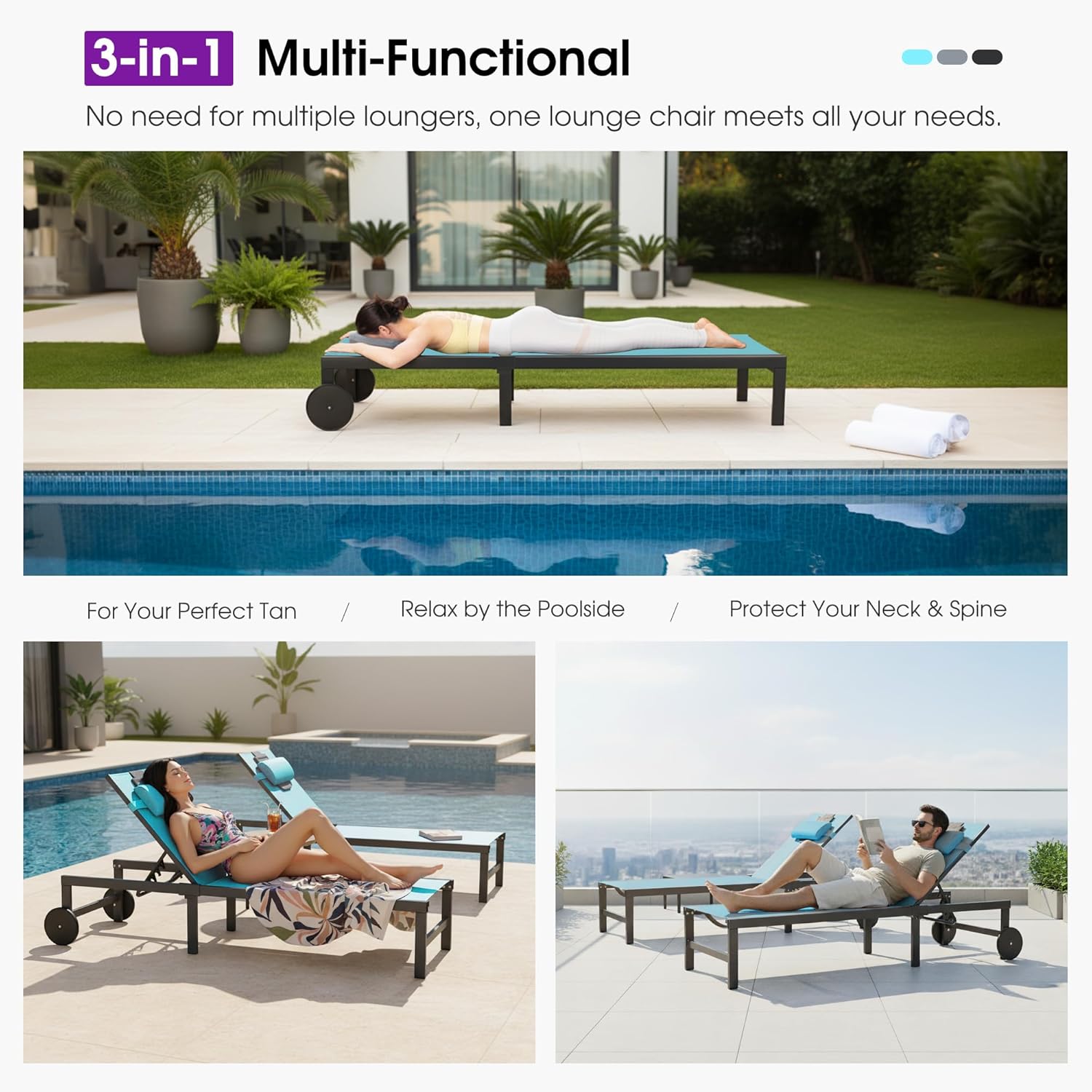 PURPLE LEAF Outdoor Tanning Lounge Chair Set with Face Hole Aluminum Adjustable Chairs Wheels Pillows and Table for Poolside Beach Patio Reclining Sunbathing Lounger Blue