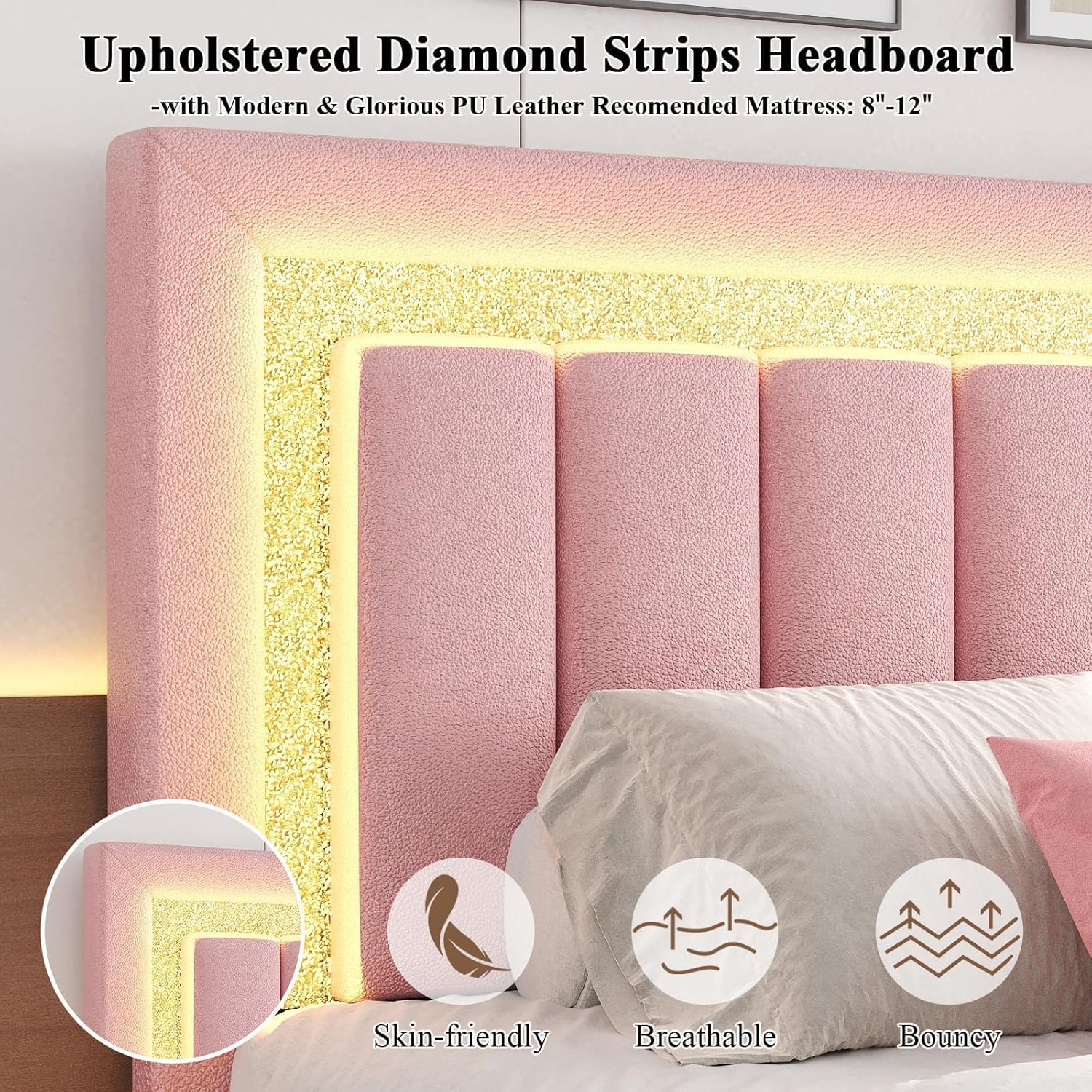 HOMBCK Bed Frame headboard detail with diamond PU and faux leather