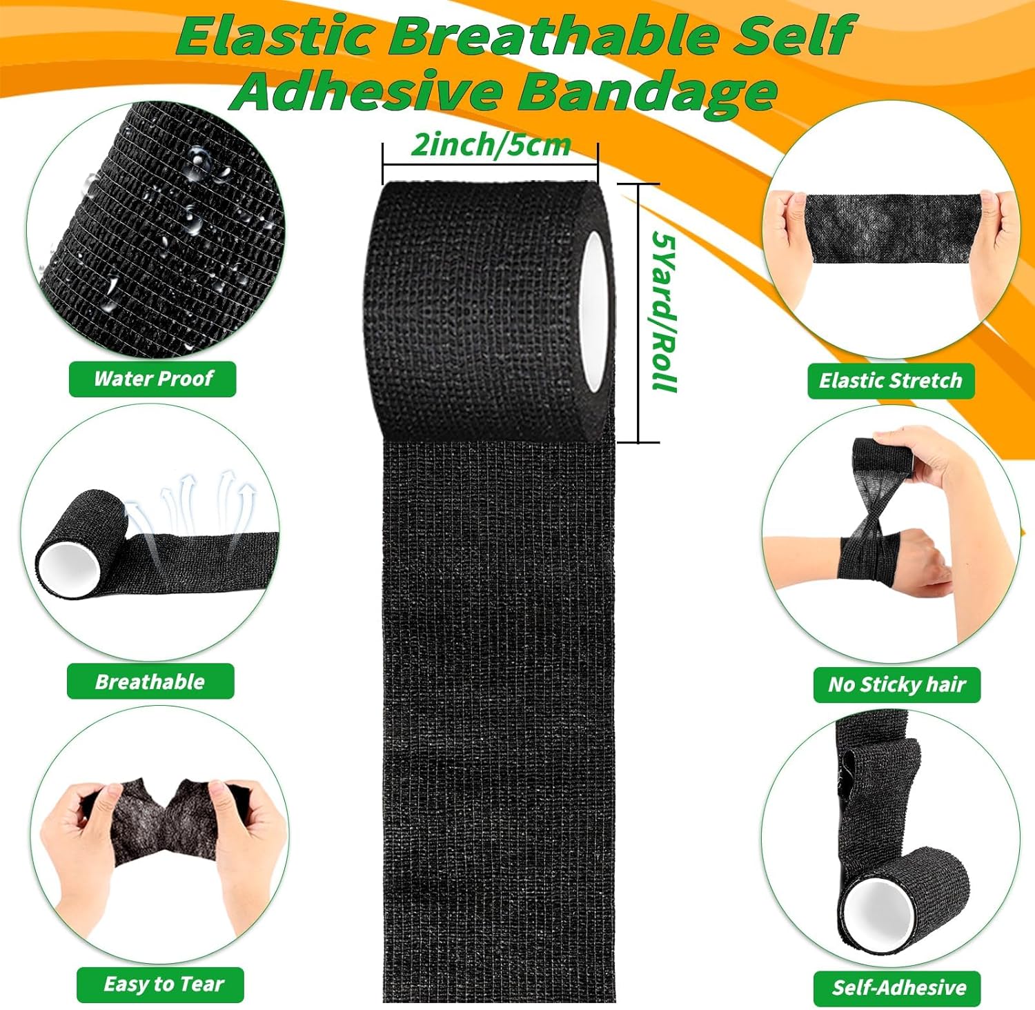 90 Pack Black Self Adhesive Bandage Wrap Bulk 2 Inch x 5 Yards Cohesive Bandage,Vet Wrap Breathable Elastic Self-Adherent Tape for Stretch Athletic Sports Wrist Ankle Dogs Pet Vet Wrap