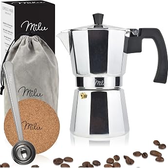 Milu Espresso Maker No Induction 2 3 6 9 Cups Aluminium Mocha Pot Espresso Pot Espresso Maker Set Including Coaster Spoon Brush Aluminium 2 Cups 100 ml