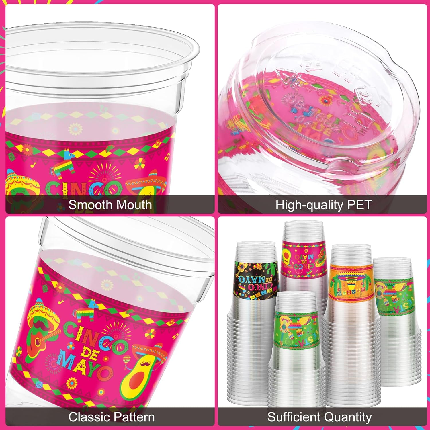 Kochorie 120 Pieces 16 Ounces Let's Fiesta Plastic Cups Clear Mexican Disposable Cups Cinco De Mayo Party Decorations Printed Drinkware for Fiesta Taco Party