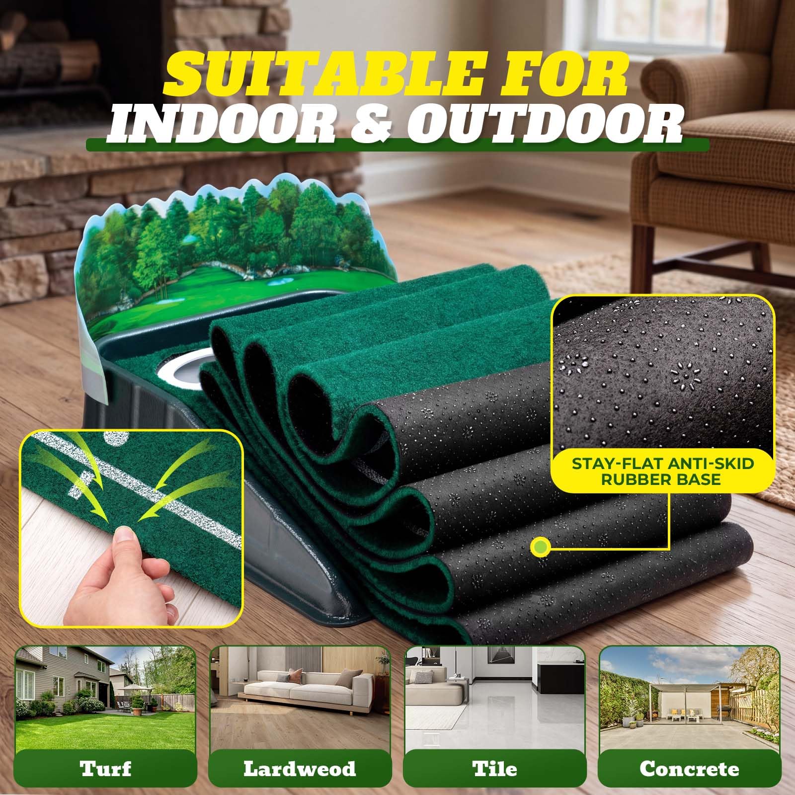 Putting Green Indoor – Golf-Putting-Matte mit realistischer grüner Geschwindigkeit, Doppelloch-Präzisions-Golf-Putting-Matte mit automatischer Ballrückführung, 2,4 m Golfmatte für Indoor- und