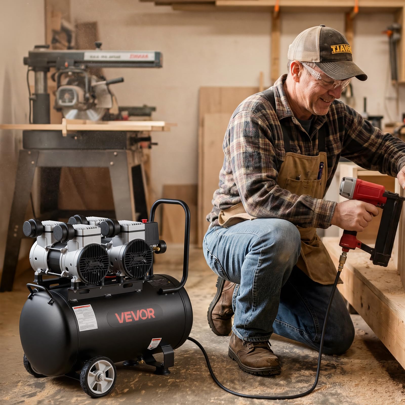 VEVOR Compressore d'Aria 50 L, 3 kW (4HP), Senza Olio, Portata 255 L/min, Pressione Massima 8 Bar, Compatto e con Ruote, per Officina, Gonfiaggio Pneumatici, Verniciatura e Lavorazione del Legno