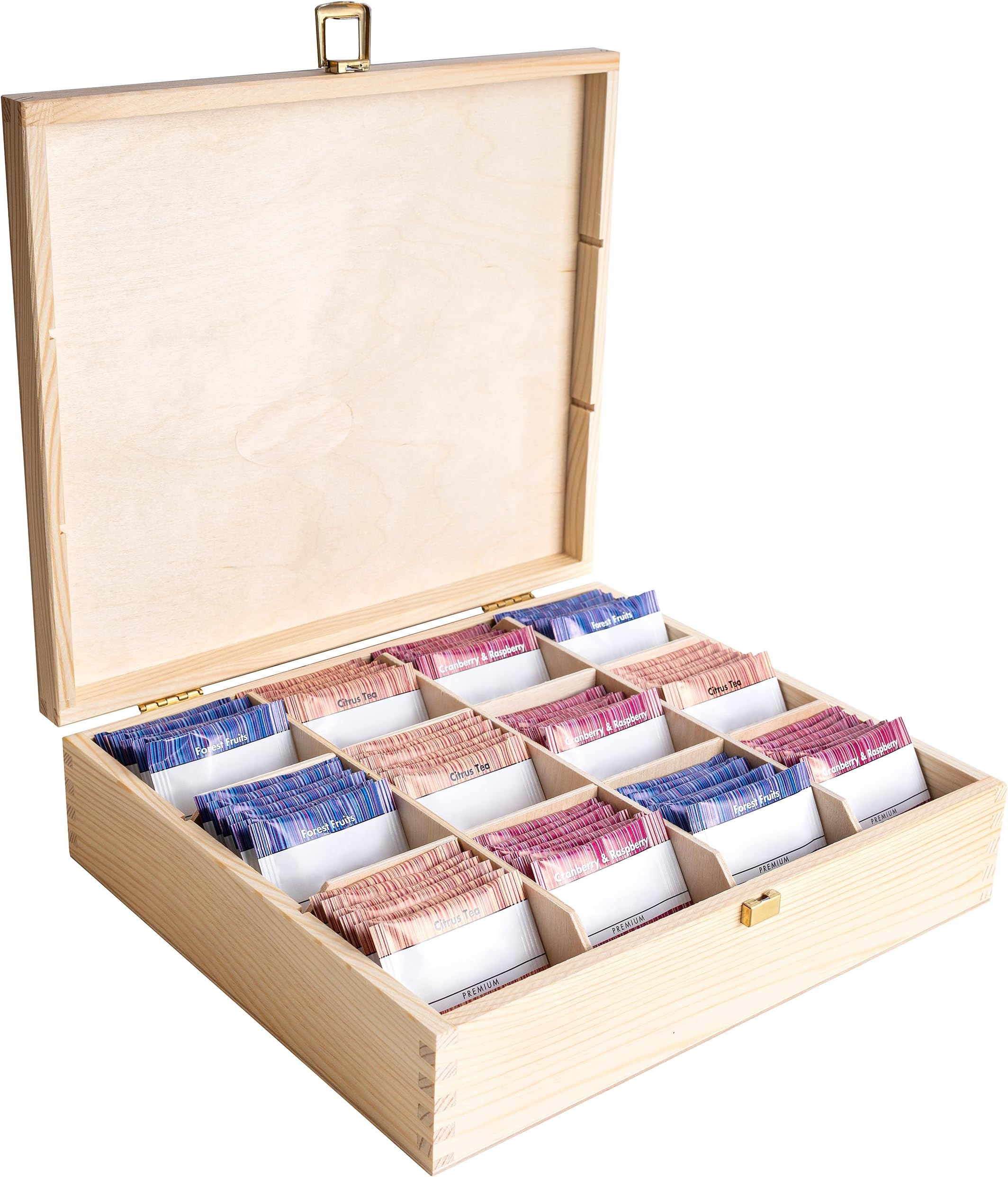 Creative Deco Unpainted Wooden Tea Box Storage Lid | 12 Compartments | 29x25.5x7.5cm | Natural Wood | Luxury Compartment Organiser Keepsake Caddy Chest Easter | Chocolate Coffee | Gift Box