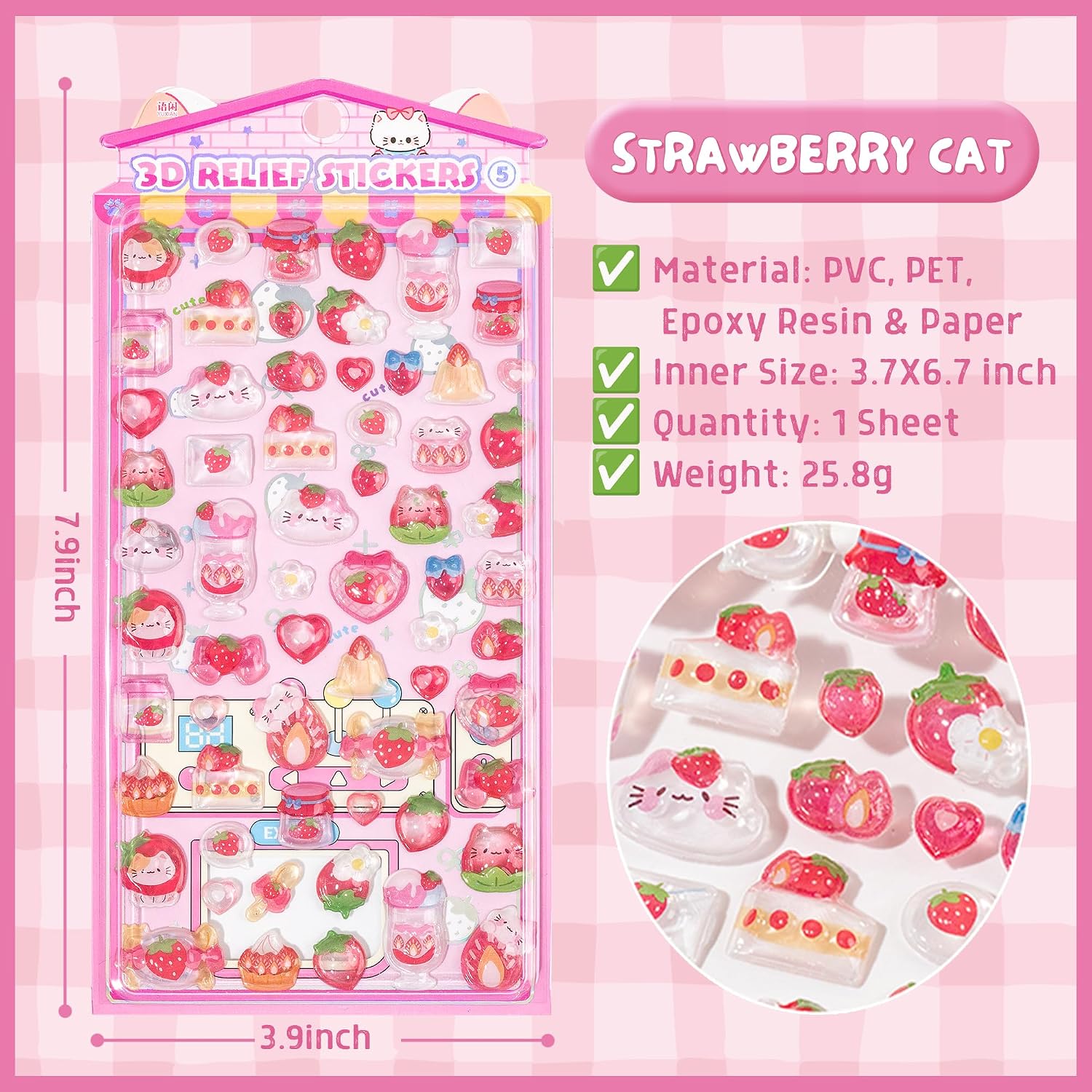 3D Cute Puffy Cartoon Pink Strawberry Cat Stickers, Kawaii Mini Decorative Stickers for Planner, Laptops, Phone Case, Journals, Scrapbook and DIY Crafts Decor