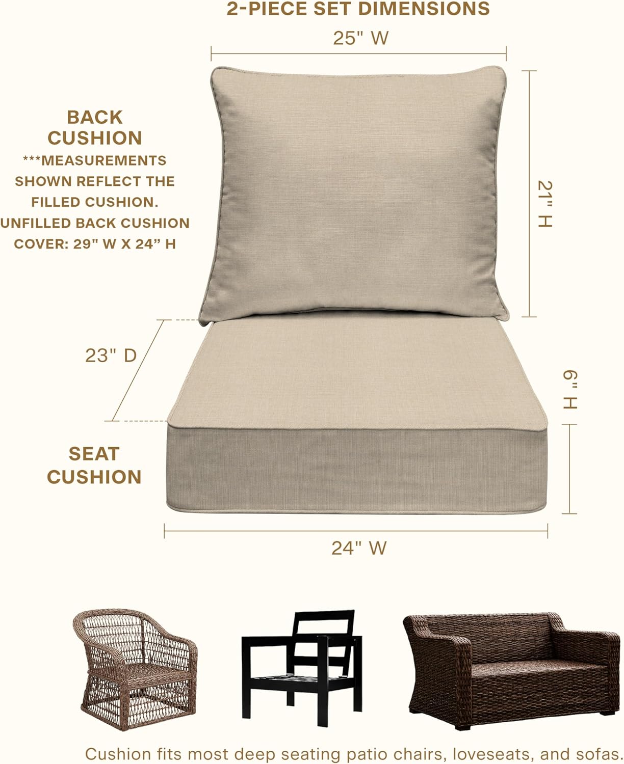 Honeycomb Outdoor Heritage Deep Seat, 24 x 23, Textured Solid Almond Chair Cushion with Removable Cover, for Patio Furniture