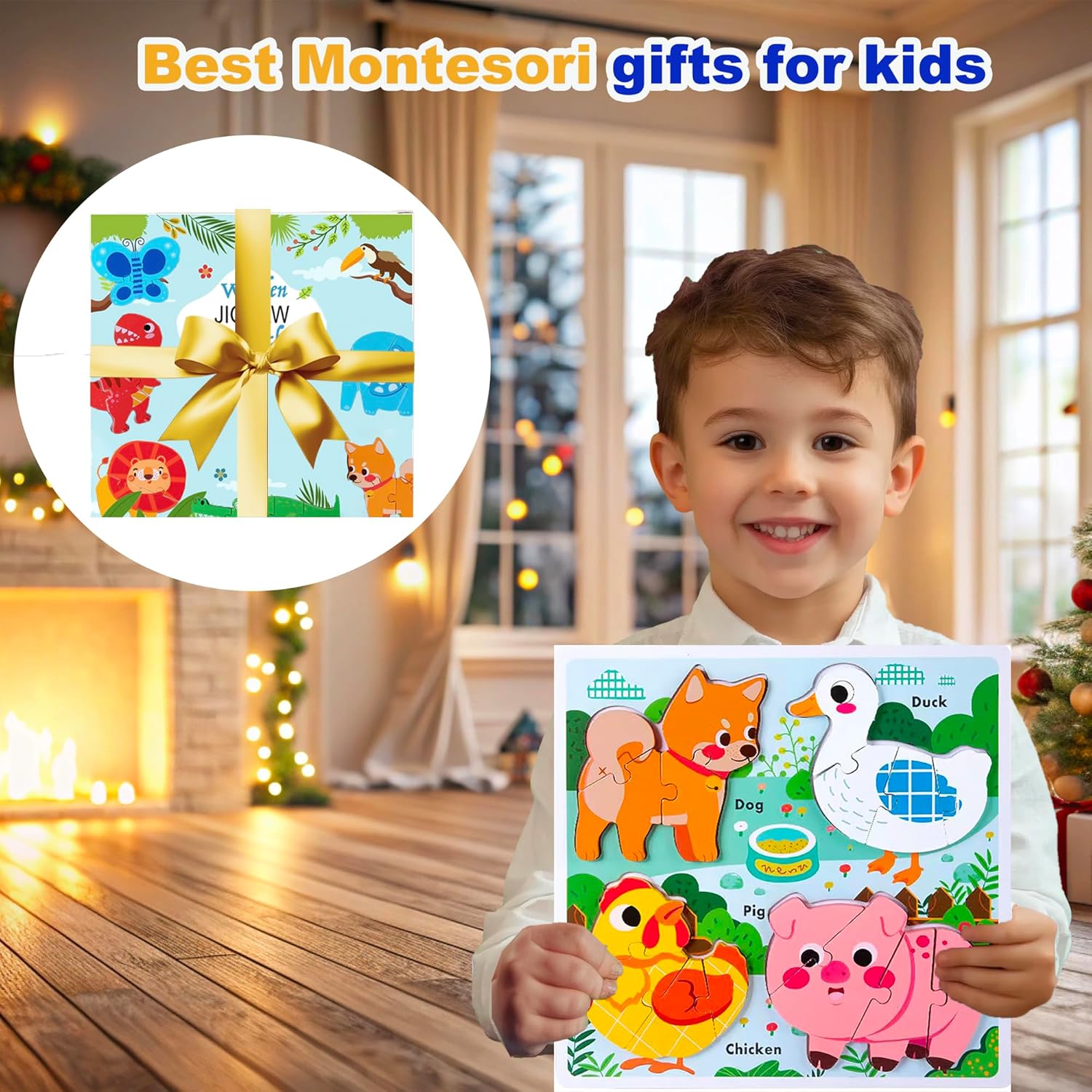 Learning Farm Animal Jigsaw Puzzles for Toddlers, Gifts for 2 3 Years Old Girls Boys,Wooden Montessori Puzzle 2-4, Toddler Toys Educational Toys Kids Ages 1-3