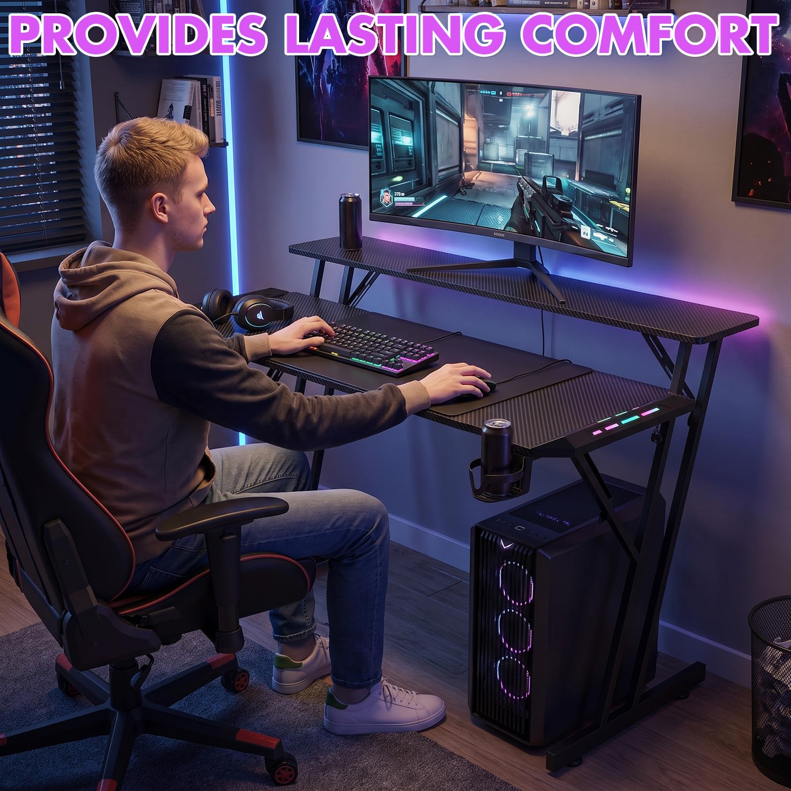 Verdego Gaming Tisch mit LED Beleuchtung, Monitorständer, PC Tisch 120 cm | Gaming Schreibtisch mit Getränkehalter, Kopfhörerhalter, Kohlefaseroberfläche, Computertisch für Streaming, Schwarz