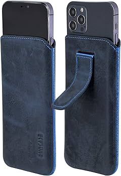 Suncase Lederen hoes compatibel met iPhone 15 Pro (6,1 inch), met extra transparante hoes, shell, siliconen bumper, telefoonhoes (met terugtrekfunctie en magneetsluiting, lichtblauw