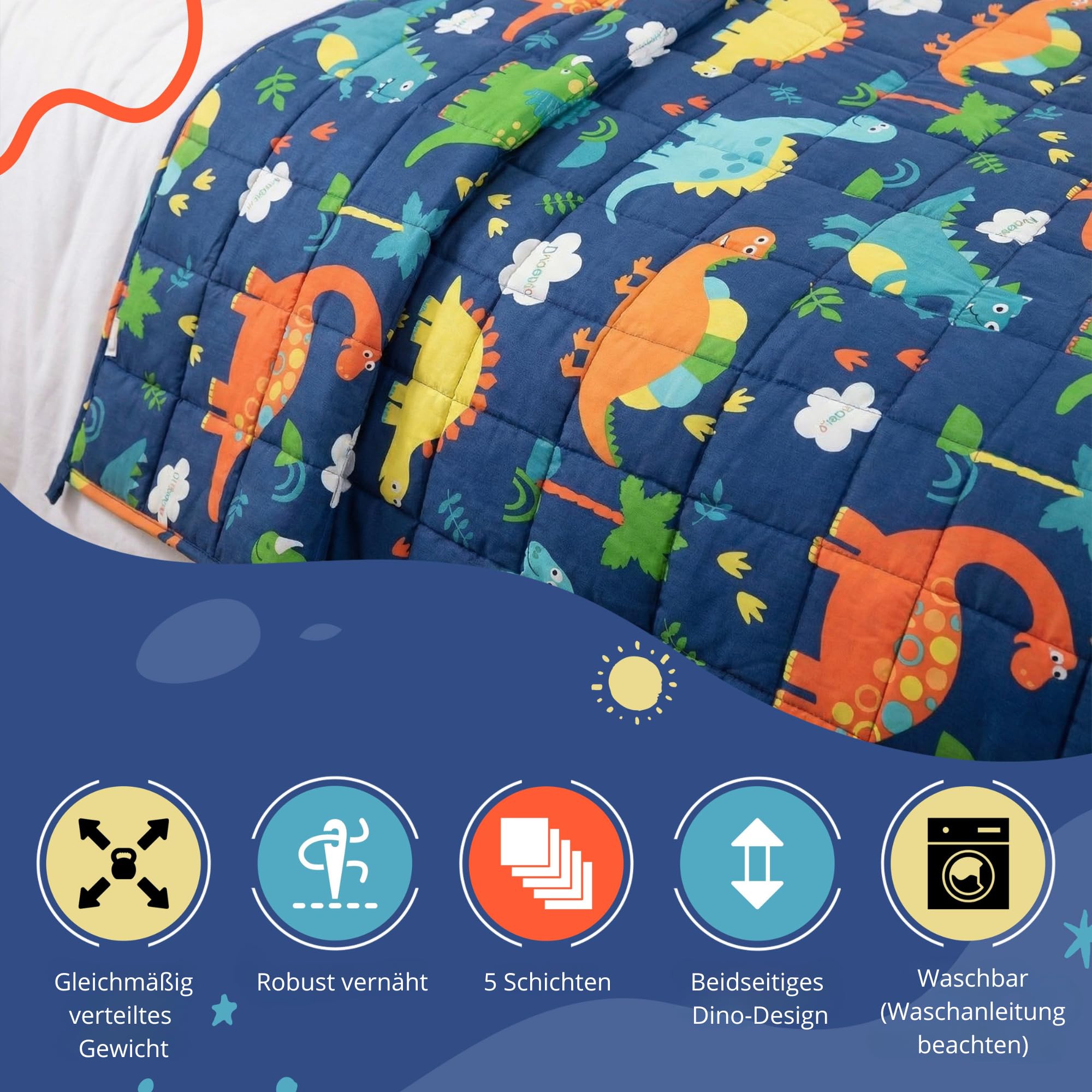 Vonia Gewichtsdecke Für Kinder – Gewichtsdecke Für Kinder Aus 100% Baumwolle | 3,2 Kg (104 X 152 cm) Sensorische Decken Mit Dinosaurier-Print Zum Schlafen – Grau/Blau
