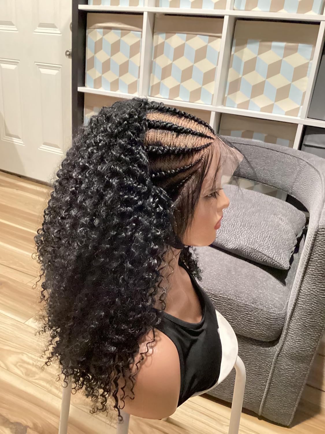 Human Hair Braided Cornrow Wig, Full Lace Wig, Black, Length 18 Inches, 100% Human Hair