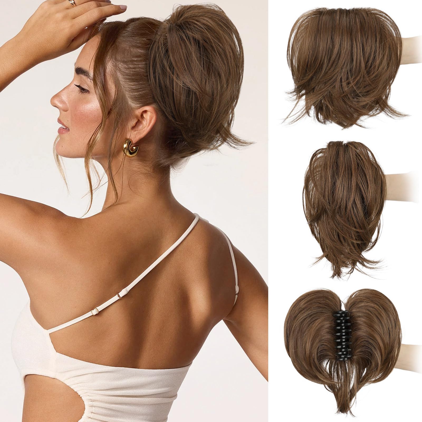 Photo 1 of BOGSEA Claw Clip Ponytail Hair Extension - 8 Inch Short Ponytail DIY Bendable Wires Hair Piece for Women Synthetic Fake Ponytails Daily Use -Chocolate Brown With Golden