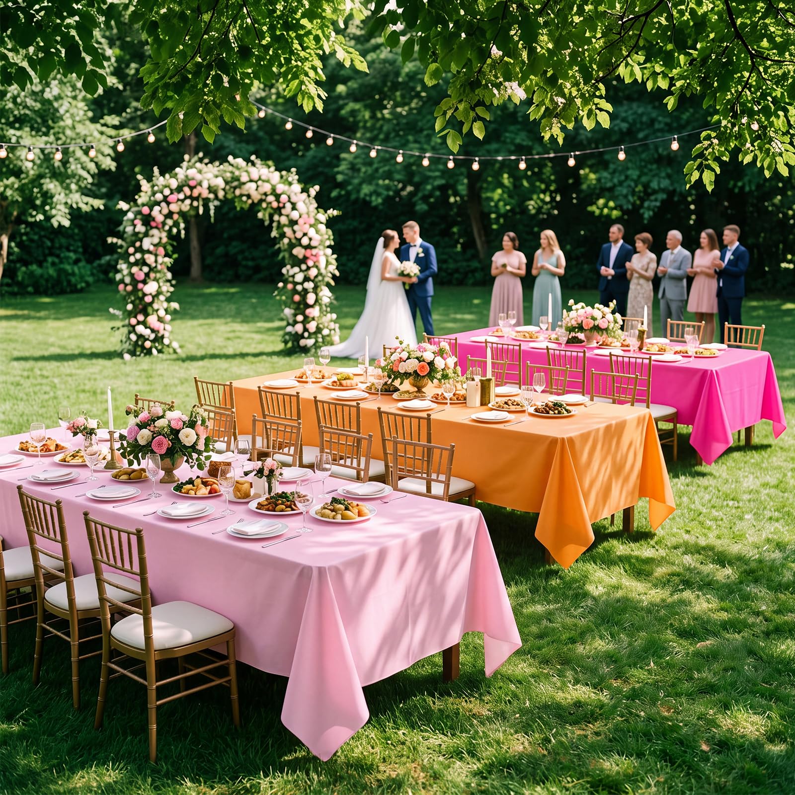 Blulu 3 rotoli da 101,6 x 30,5 m, tovaglie in plastica usa e getta per feste al tramonto rosa e arancione, copertura per tavolo fai da te, decorazione per matrimoni, compleanni, battesimi, tende