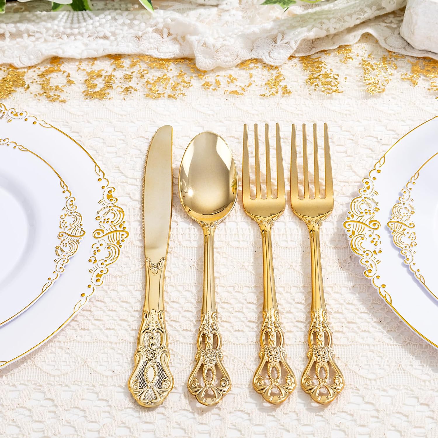 200PCS Gold Plastic Silverware - Heavy Duty Elegant Disposable Utensils - Gold Plastic Cutlery Set Includes 100Forks, 50Spoons, 50Knives for Dinner, Parties, Weddings - Image 6