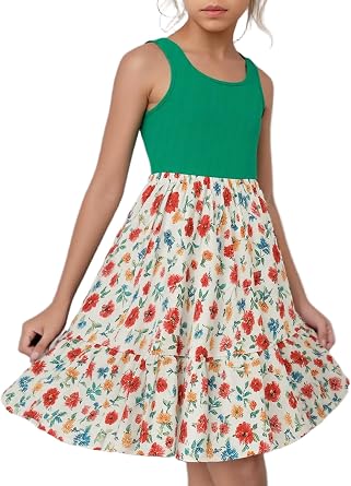 New 6-14 Years Seecholso Girls Casual Dress Ribbed Knit Tank Top Floral Skirt Elastic Waist Summer A-Line