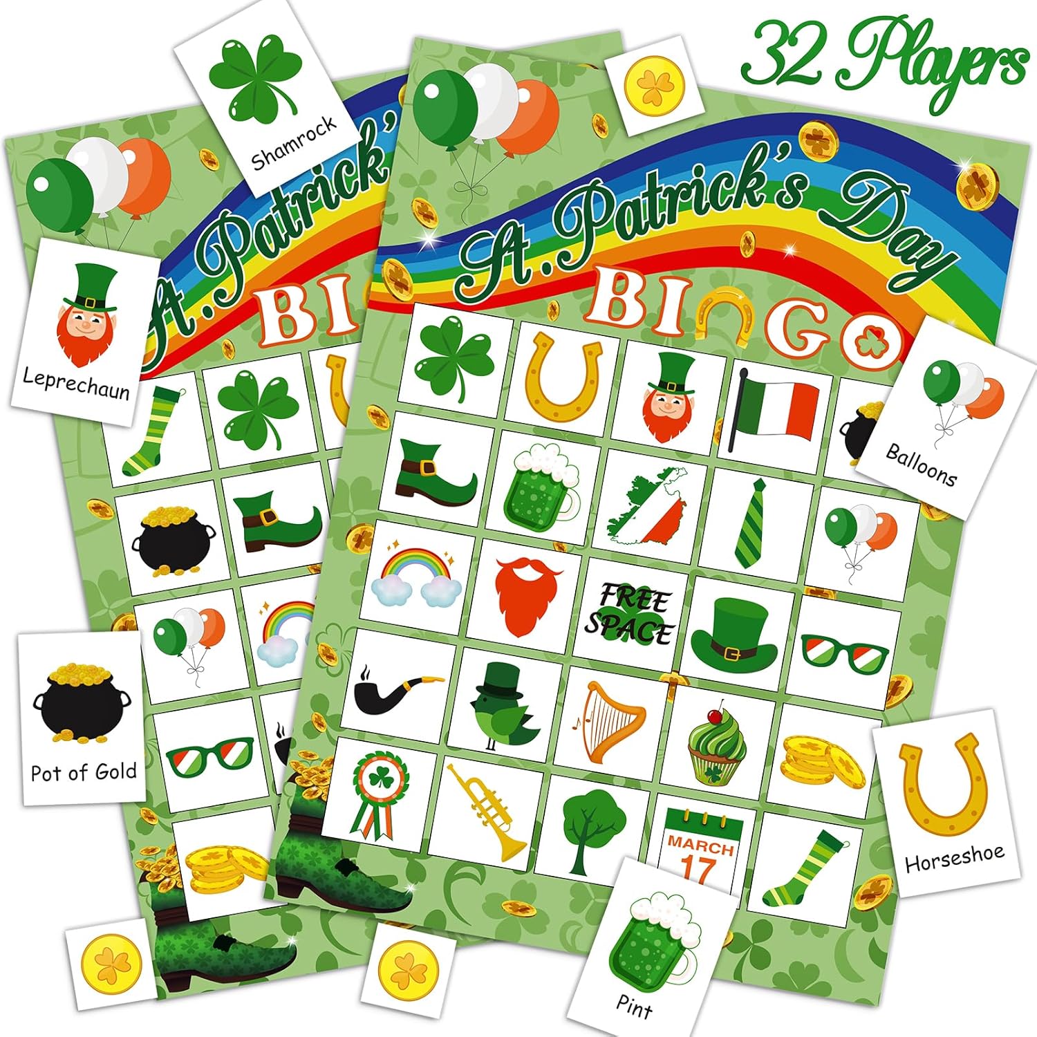 Moon Boat 32Players St. Patrick’s Day Bingo Game for Adults Shamrock Party Activity
