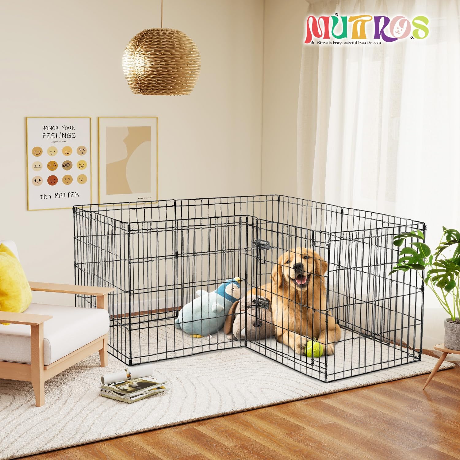 MUTTROS Foldable -36 inch Octagonal Metal Dog Playpen - 8-Panel Exercise Dog Fence, No Door, Indoor/Outdoor Dog Corral with Dog Pin for Puppies & Medium Dogs, Medium Black