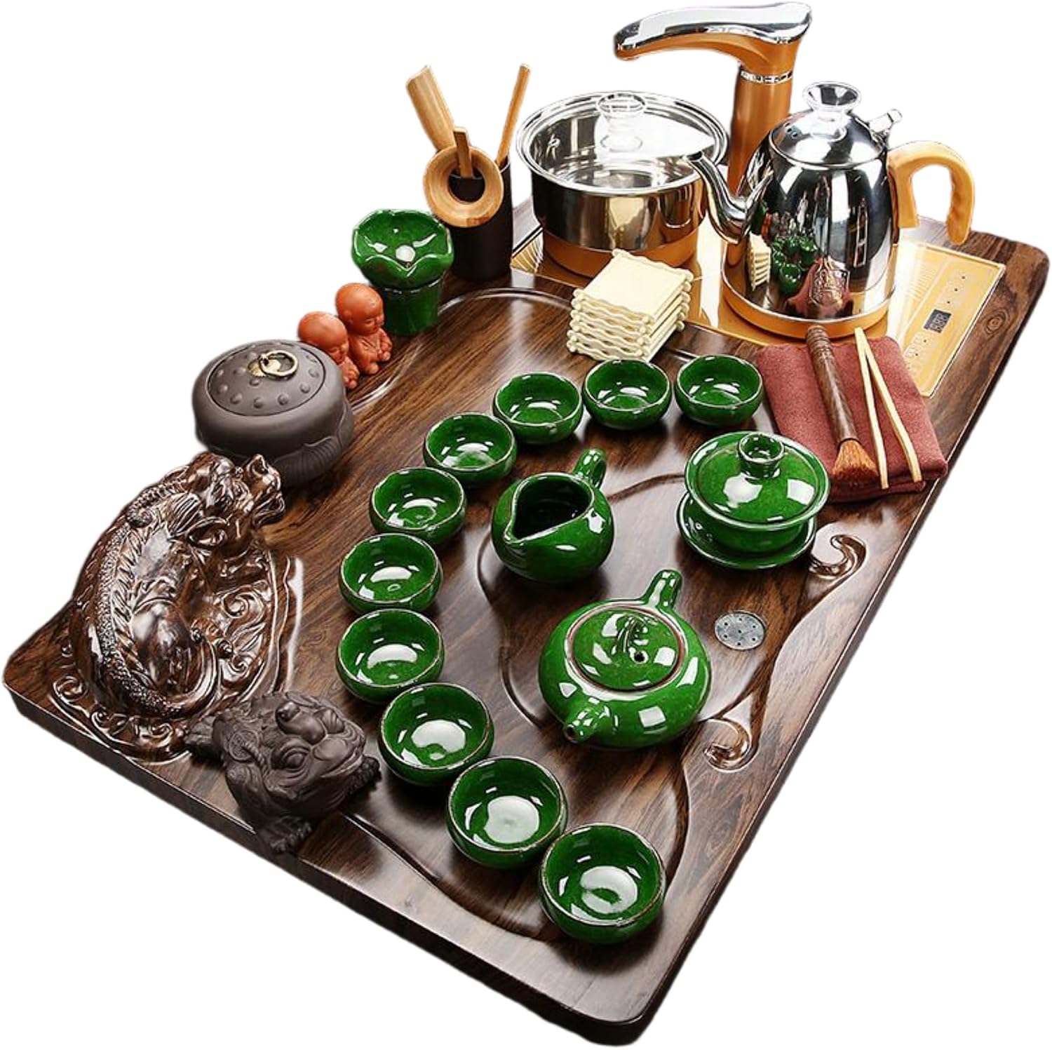 MOYEE Chinese Gongfu Tea Set,Home,Gifting and Office 套装家用中号 Solid Wood Tea Tray 实木茶盘 Chinese Gongfu Tea Tray Fully Automatic Tea Set,全自动电磁炉招财貔貅茶台茶海办公 A927