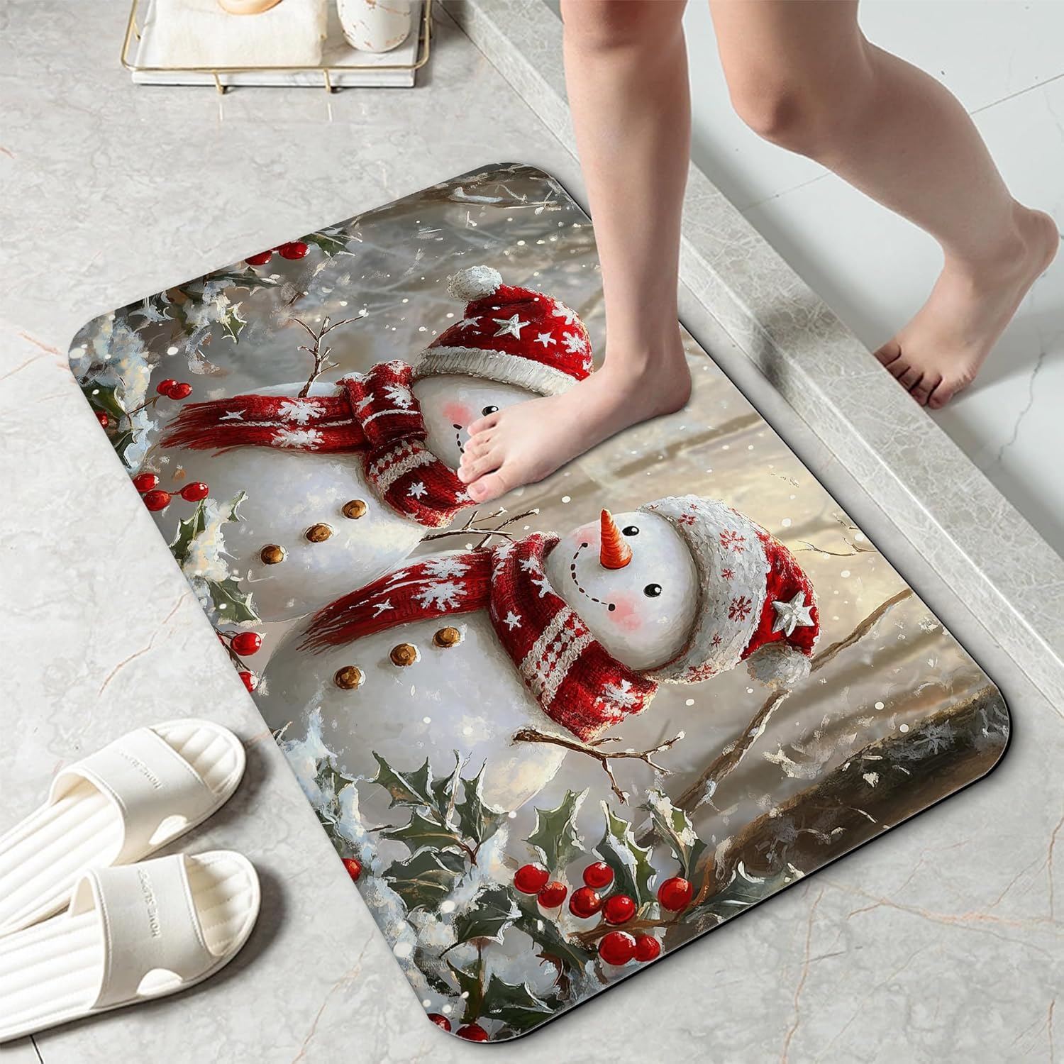 Christmas Snowman Bath Mat 29.5"x17",Slim Low-Profile Fast Drying Super Absorbent Bathroom Rug with Non-Slip Backing, Easy-Clean Modern Floor Mat for Tub, Shower, or Entryway